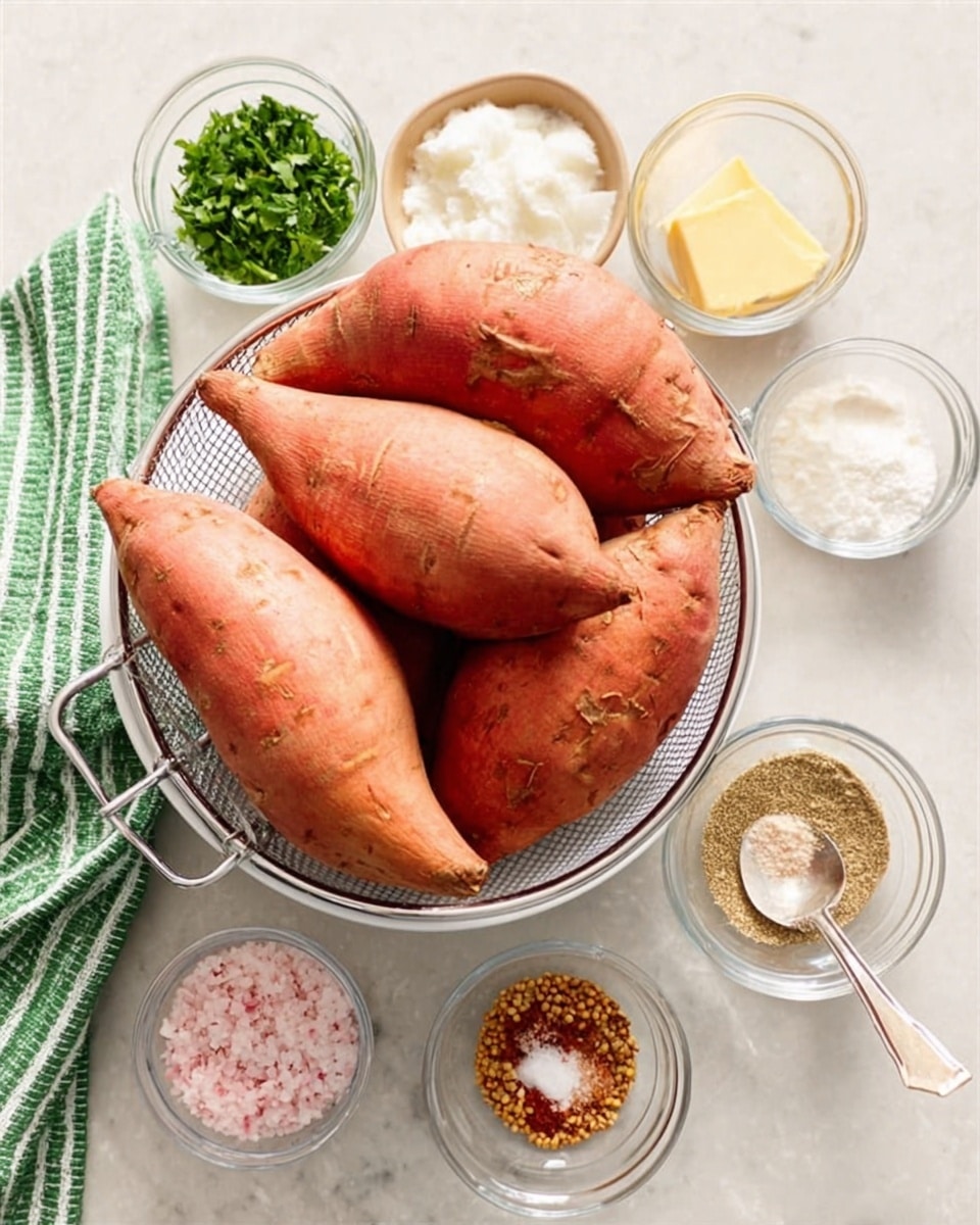 The image shows a white bowl with several whole sweet potatoes with reddish-orange skin placed inside a wire colander on a white marbled surface. Around the colander, there are small clear bowls holding different ingredients: one contains chopped green herbs, another has a yellow butter slice, one has a white powdery substance, another with ground cinnamon, and one with what looks like a mix of spices or seeds. A pink salt mixture with a spoon rests next to these bowls. A green and white striped cloth is partly visible on the left side. Photo taken with an iphone --ar 4:5 --v 7