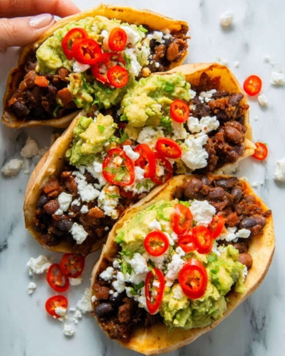 The image shows three stuffed pita pockets placed on a white marbled surface, each filled with layers of ingredients. The bottom layer inside the pita is a dark brown, chunky textured filling that looks like beans or lentils, topped with a light green chunky layer of mashed avocado or guacamole. On top of the green layer, there are small white crumbles of cheese scattered, along with slices of bright red chili peppers. A woman's hand is holding one of the pitas from the top left corner. The colors are vibrant and the textures are clear, with the white pita contrasting with the colorful fillings. Photo taken with an iphone --ar 4:5 --v 7