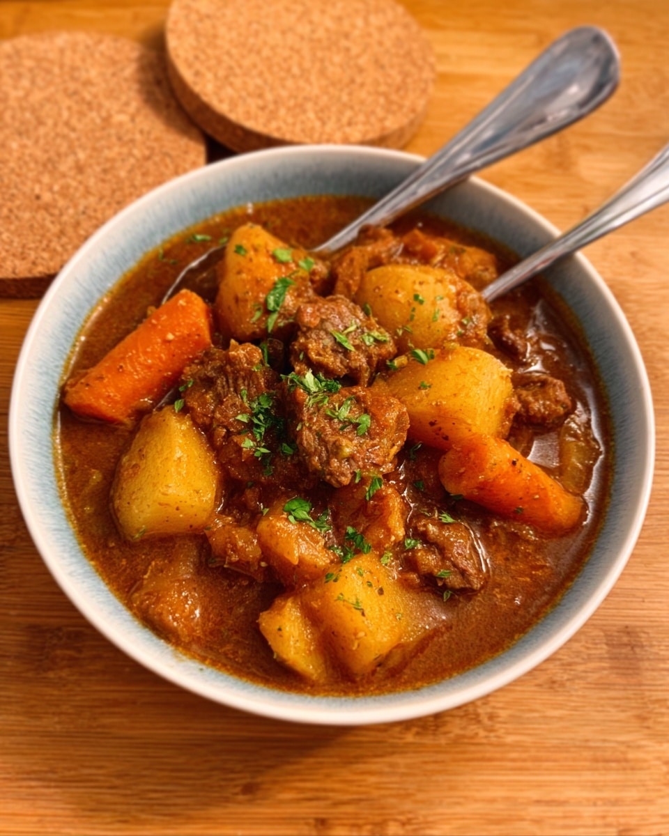 The image shows a white bowl filled with a thick stew that has chunks of brown meat and big pieces of light orange carrots. There are also pieces of light brown potatoes mixed in. The stew looks rich and shiny with herbs sprinkled on top, which gives it a bit of green color. Two silver spoons rest inside the bowl, crossing each other. The bowl is placed on a wooden table with two round cork mats in the background. The photo has natural light, showing the texture of the stew clearly. photo taken with an iphone --ar 4:5 --v 7
