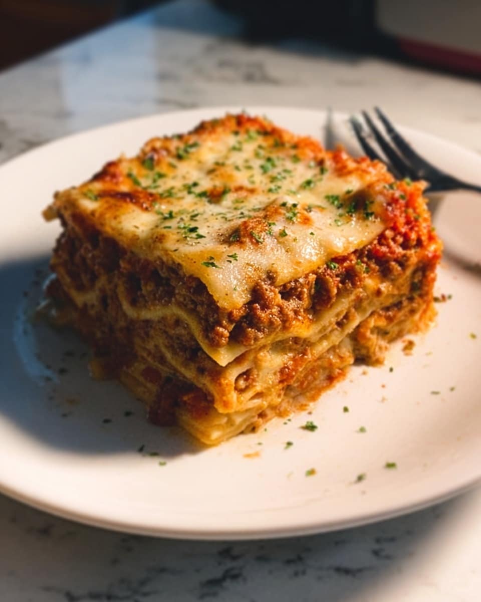 The image shows a square piece of lasagna placed on a white plate with a white marbled surface background. The lasagna has multiple layers, starting with a bottom layer of soft, slightly browned pasta. Above that is a red tomato sauce mixed with browned bits of ground meat. The middle layers alternate between rich, creamy cheese and thin pasta sheets, each layer visible by their distinct creamy white and light yellow colors. The top layer is a golden-browned melted cheese sprinkled with green herbs, adding color and freshness. A woman's hand is holding a fork close to the lasagna on one side. The lighting makes the textures look fresh and appetizing. Photo taken with an iphone --ar 4:5 --v 7