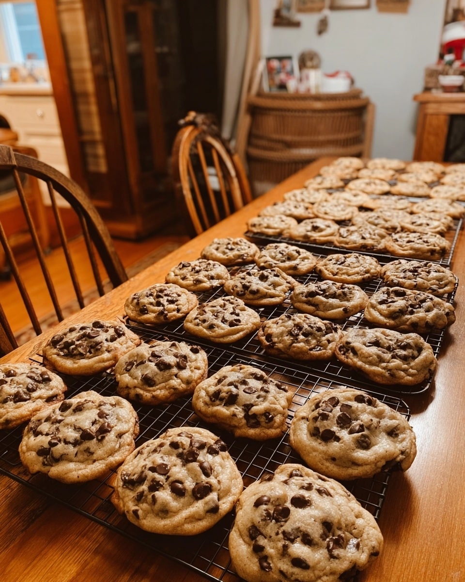 The image shows several racks of freshly baked chocolate chip cookies placed on a wooden table. The cookies are light golden brown with dark brown chocolate chips spread generously on top, giving a textured, chunky look. There are three black wire cooling racks full of cookies arranged closely together, with two racks towards the front holding larger cookies, and a smaller rack at the back holding slightly smaller cookies. The cookies appear soft and thick with a slightly rough surface. In the background, there are wooden chairs and a wicker cabinet, but the main focus is on the cookies cooling on the racks. The photo taken with an iphone --ar 4:5 --v 7