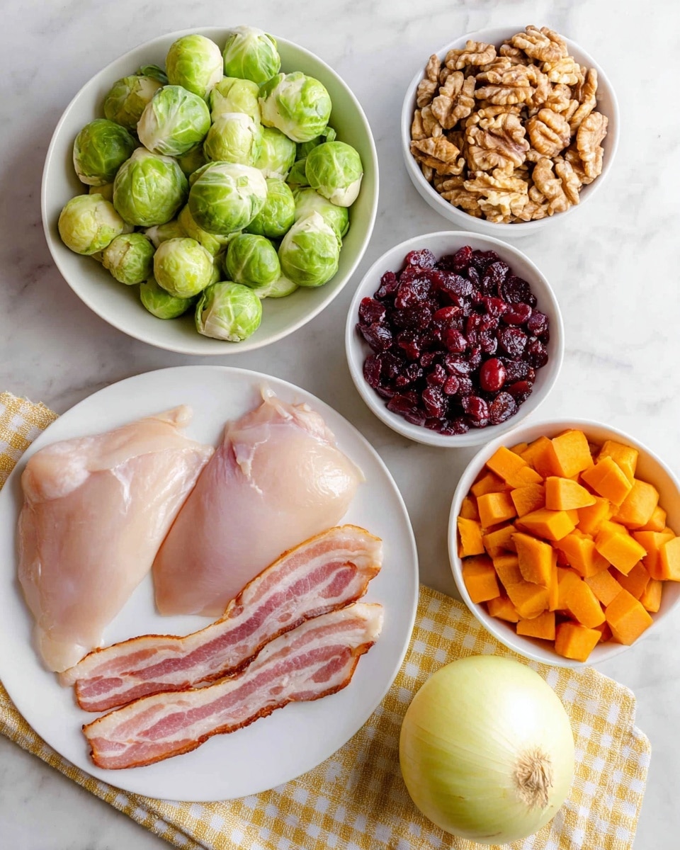 The image shows a white round plate at the bottom center with two light beige raw chicken pieces and three strips of raw bacon with pink and white layers placed side by side. Above and slightly to the left is a white bowl filled with halved bright green Brussels sprouts. To the right of this bowl at the top center is a smaller white bowl filled with light brown walnut halves. To the right of the walnuts is another small white bowl holding dark red dried cranberries. On the right side is a white bowl filled with bright orange chopped sweet potato cubes. Below the sweet potatoes near the bottom right corner is a whole yellow onion resting on a yellow and white checkered cloth. The whole scene is set on a white marbled surface. photo taken with an iphone --ar 4:5 --v 7
