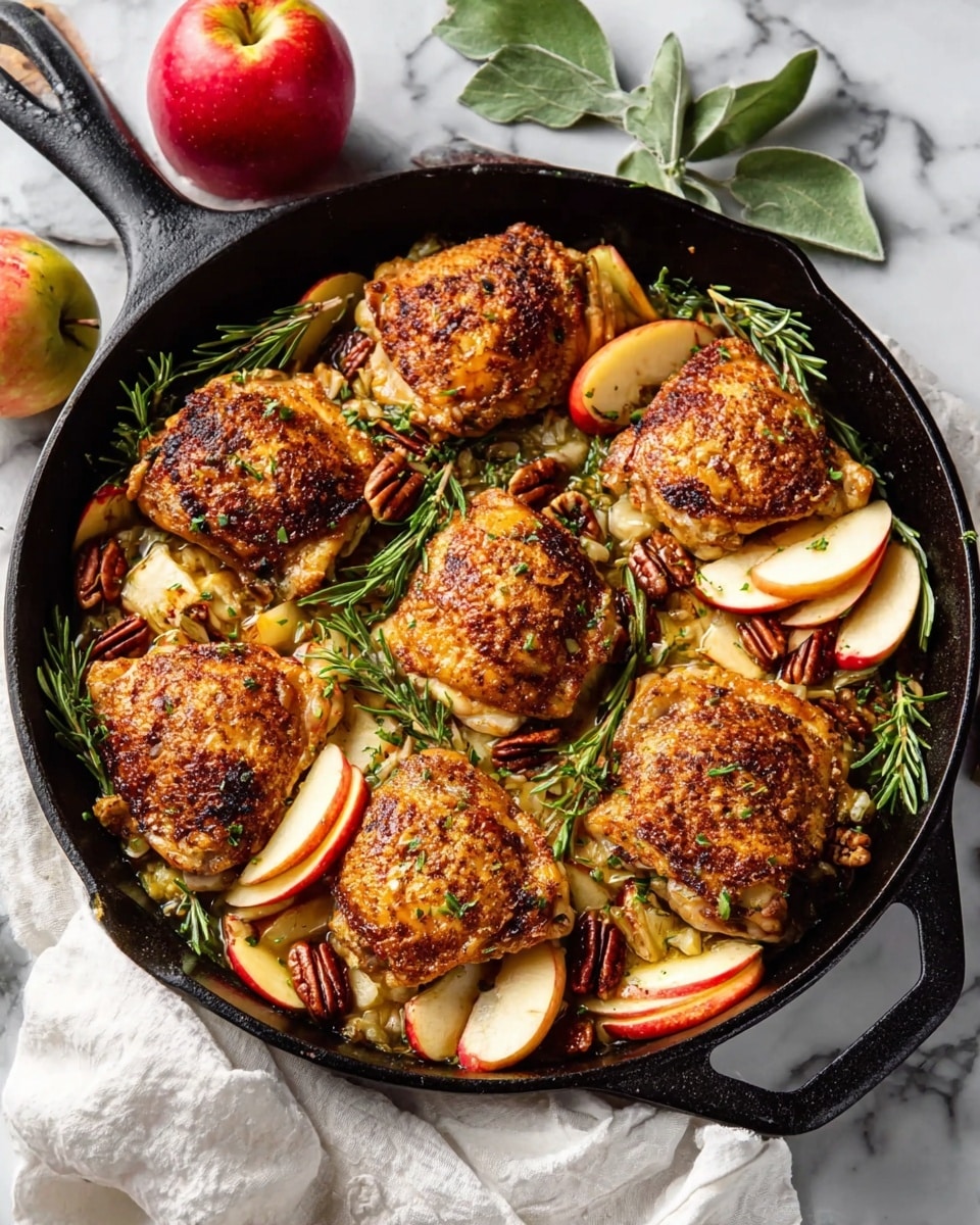 The image shows a black skillet filled with seven golden-brown cooked chicken pieces with crispy skin, arranged in a circular pattern. Between the chicken pieces, there are several thin slices of red apple with white flesh, adding a fresh look. Small sprigs of green rosemary and a few pecans are scattered across the dish for color and texture contrast. The skillet sits on a white marbled surface, with a white cloth visible underneath and a whole red apple with a green leaf placed in the upper left corner of the frame. The lighting is bright and natural, highlighting the crispy chicken and fresh ingredients. photo taken with an iphone --ar 4:5 --v 7