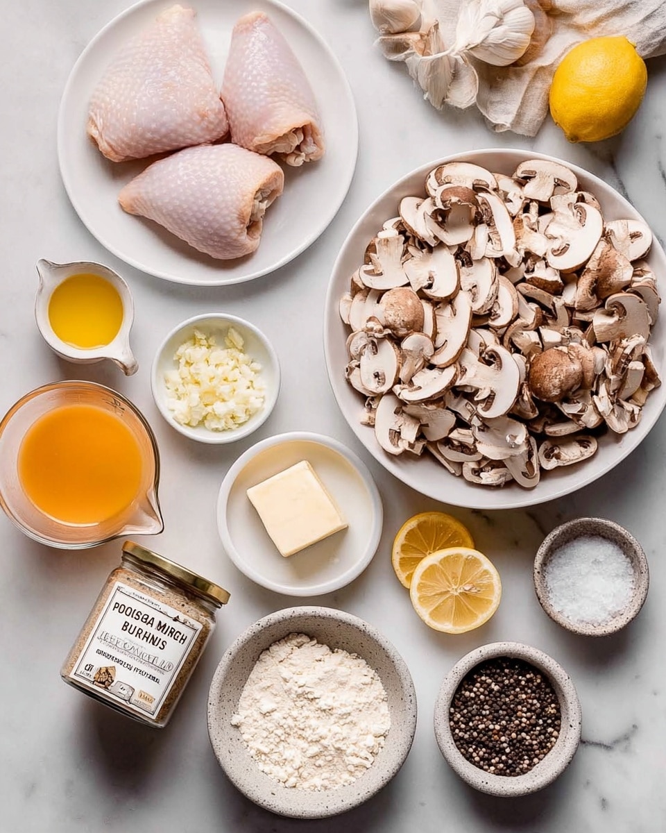 A top view image shows raw cooking ingredients neatly arranged on a white marbled surface. There are two pale pink raw chicken pieces on a white plate at the top left. Next to it, a larger white bowl is filled with many sliced brown mushrooms, displaying their soft, textured surfaces. Below the mushrooms, a small glass jar is labeled