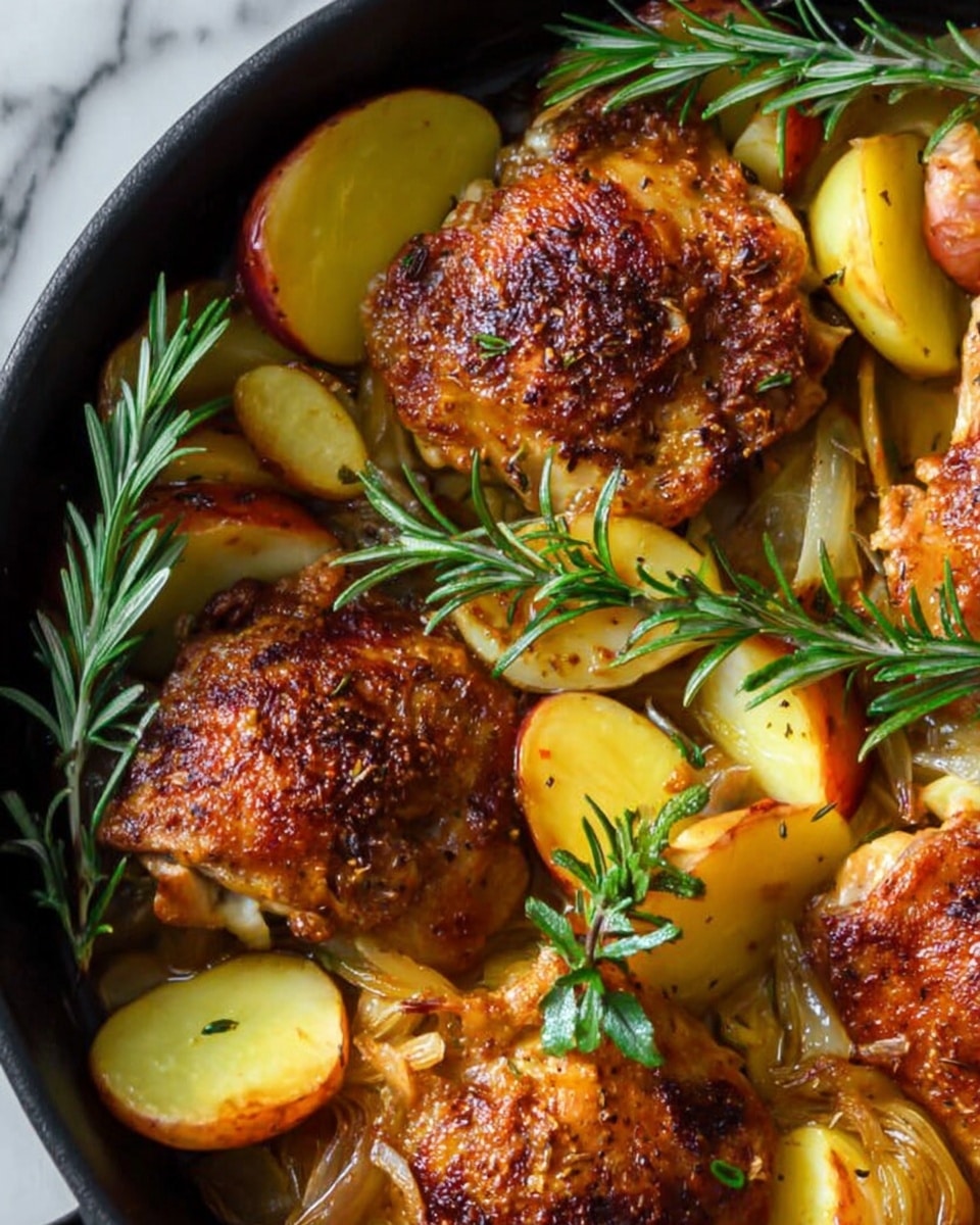 A close-up view of a black skillet filled with golden brown cooked chicken thighs on top of sliced yellow potatoes and soft cooked onion wedges. Bright green fresh rosemary sprigs are placed on top of the chicken and potatoes. The chicken has a crispy texture with a rich brown color, while the sliced potatoes are tender and light yellow with red skin edges. The onion wedges are caramelized to a soft golden brown. The skillet sits on a white marbled surface. photo taken with an iphone --ar 4:5 --v 7