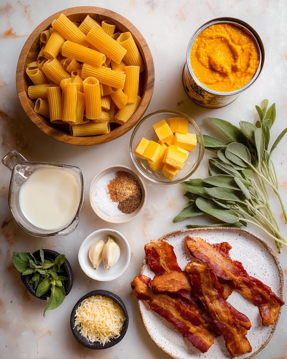 The image shows cooking ingredients on a white marbled surface. There is a wooden bowl filled with dry rigatoni pasta on the top left. To the right of the bowl, a can of smooth orange pumpkin puree is open, and next to it is a small clear glass bowl with bright yellow butter cubes. Below these, a small white bowl holds minced garlic, and next to it is a small white bowl with fresh green sage leaves. On the left side, a clear glass measuring cup contains a creamy white liquid, while a black bowl nearby has a mix of white salt and brown spices. A large white plate with dark brown specks holds several strips of crispy cooked bacon at the bottom right. A small black measuring cup filled with shredded pale yellow cheese is near fresh sage leaves scattered on the surface. The overall setup is neat and warm, with natural light coming from above. Photo taken with an iphone --ar 4:5 --v 7