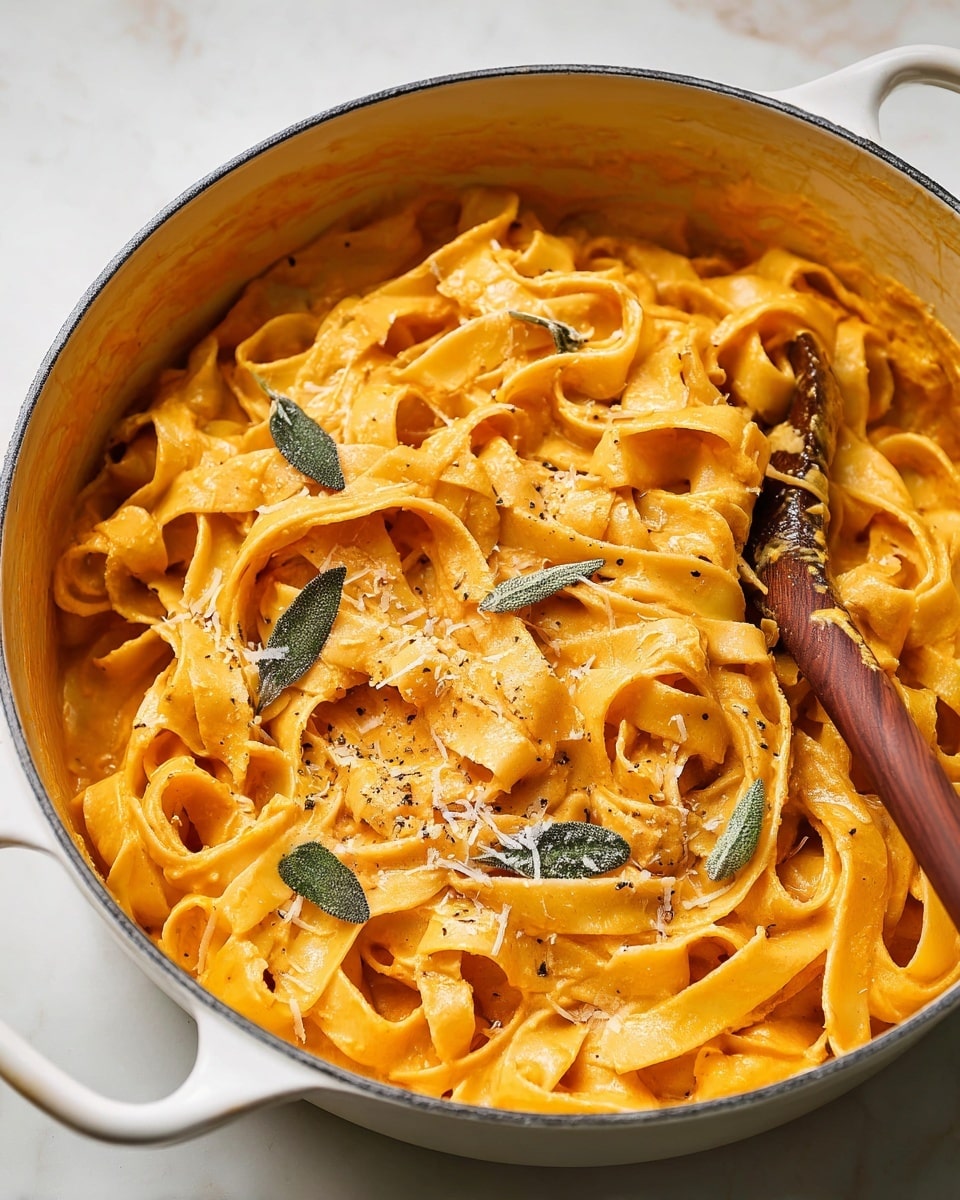 The image shows a deep white pot filled with wide, flat pasta noodles coated in a thick, creamy orange sauce. The noodles are soft and folded over each other, creating many layers of smooth and slightly wrinkled texture. Small green sage leaves are scattered on top, along with a light sprinkling of grated cheese and ground black pepper, adding contrast and detail. A wooden spoon handle is visible on the right side, partially stirring the pasta. The pot sits on a white marbled surface. photo taken with an iphone --ar 4:5 --v 7