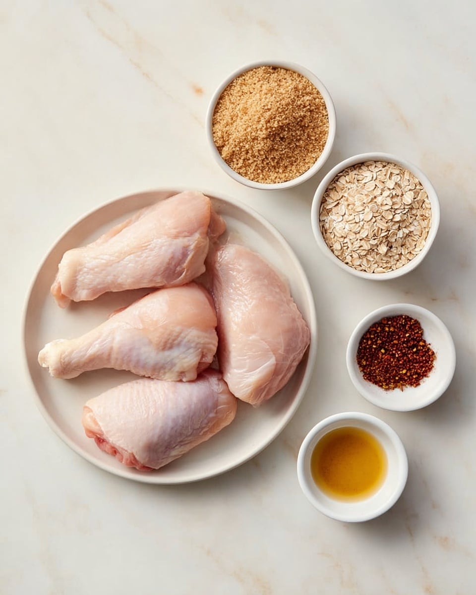 The image shows four raw chicken pieces placed evenly on a white plate, each piece smooth and pale pink in color. Surrounding the plate are five small white bowls on a white marbled surface. One bowl contains light brown breadcrumbs with a fine texture, another holds crushed light brown oats, while a third bowl has a dark red and black spice mix. A small bowl with golden mustard and another with a light amber liquid complete the arrangement. The set up is clean and orderly, highlighting the raw ingredients clearly. photo taken with an iphone --ar 4:5 --v 7