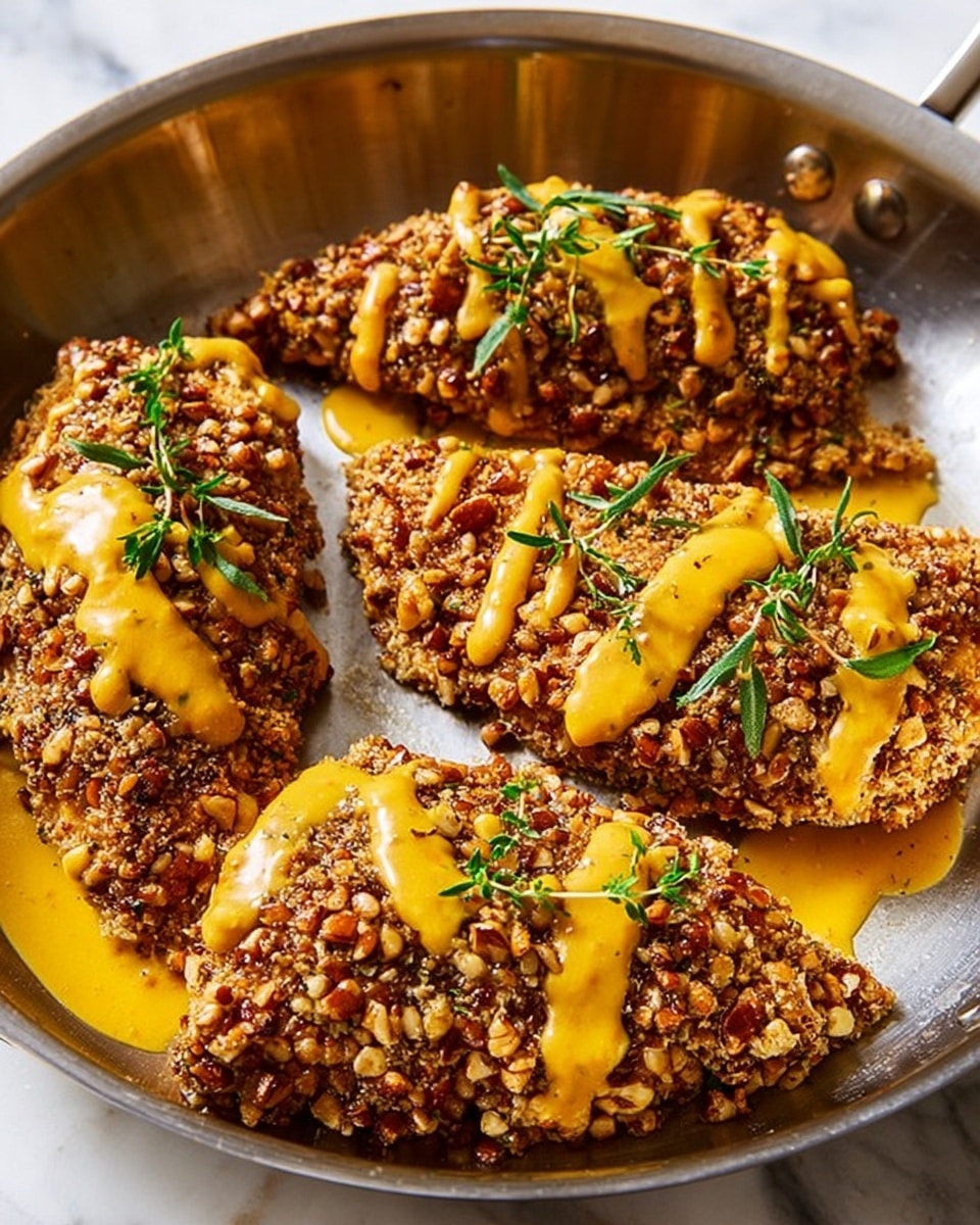 A close-up view of a food piece covered with a crunchy layer of chopped nuts in light brown and cream shades. The piece is drizzled with bright mustard yellow sauce, flowing unevenly in thin stripes on top. Small fresh green herb leaves are placed on the sauce and around the food. The dish sits on a white plate with ridged details on its edge, all set on a white marbled surface. photo taken with an iphone --ar 4:5 --v 7