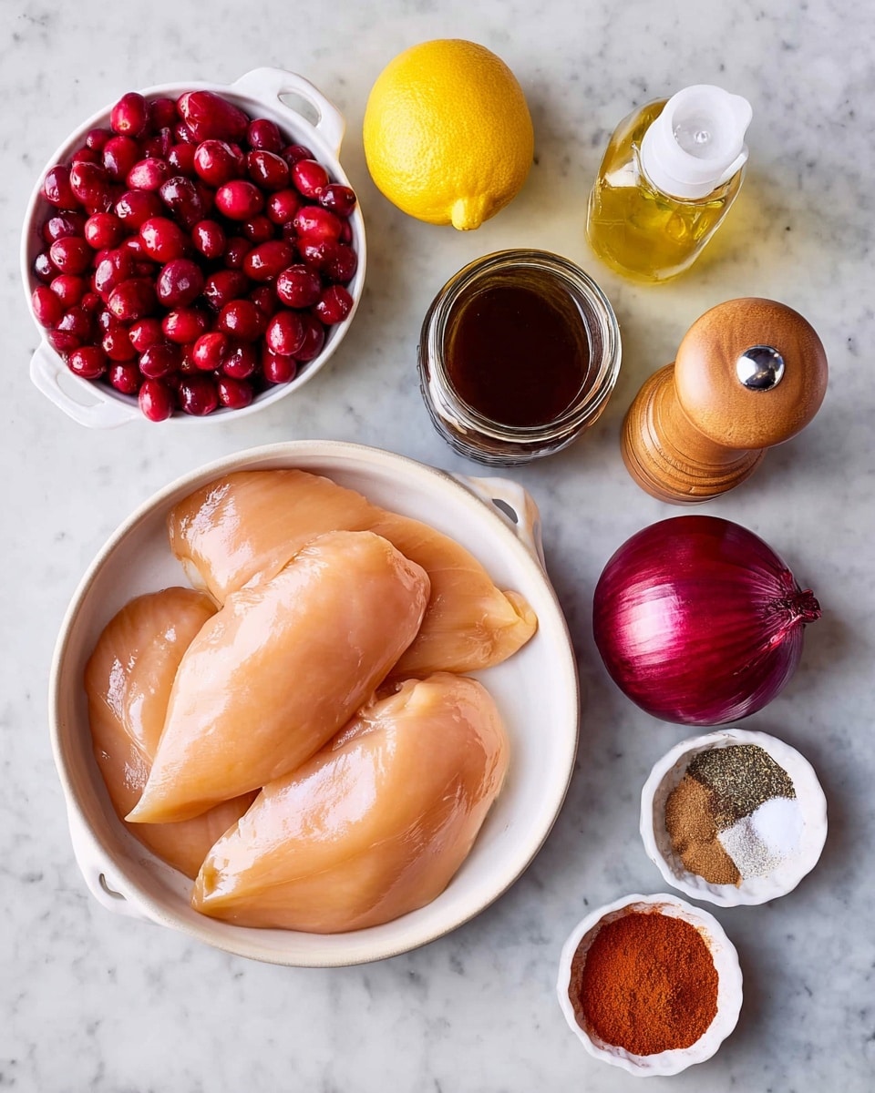A white bowl filled with three raw chicken breasts, pale pink and smooth in texture, sits at the bottom left on a white marbled surface. Above the bowl is a small white bowl filled with bright red cranberries, round and shiny, the bowl having small handles on each side. Towards the center top is a whole yellow lemon with a slightly bumpy texture. In the middle is a small glass jar filled with dark brown liquid, next to two clear bottles, one with yellow oil and the other with dark liquid, both sealed with white caps. To the right are a wooden pepper grinder and salt shaker with smooth rounded shapes. Next to these is a whole red onion with a shiny deep purple skin. At the lower right are three small white bowls, each holding a different brown or reddish powdered spice, arranged in a loose triangle. Photo taken with an iphone --ar 4:5 --v 7