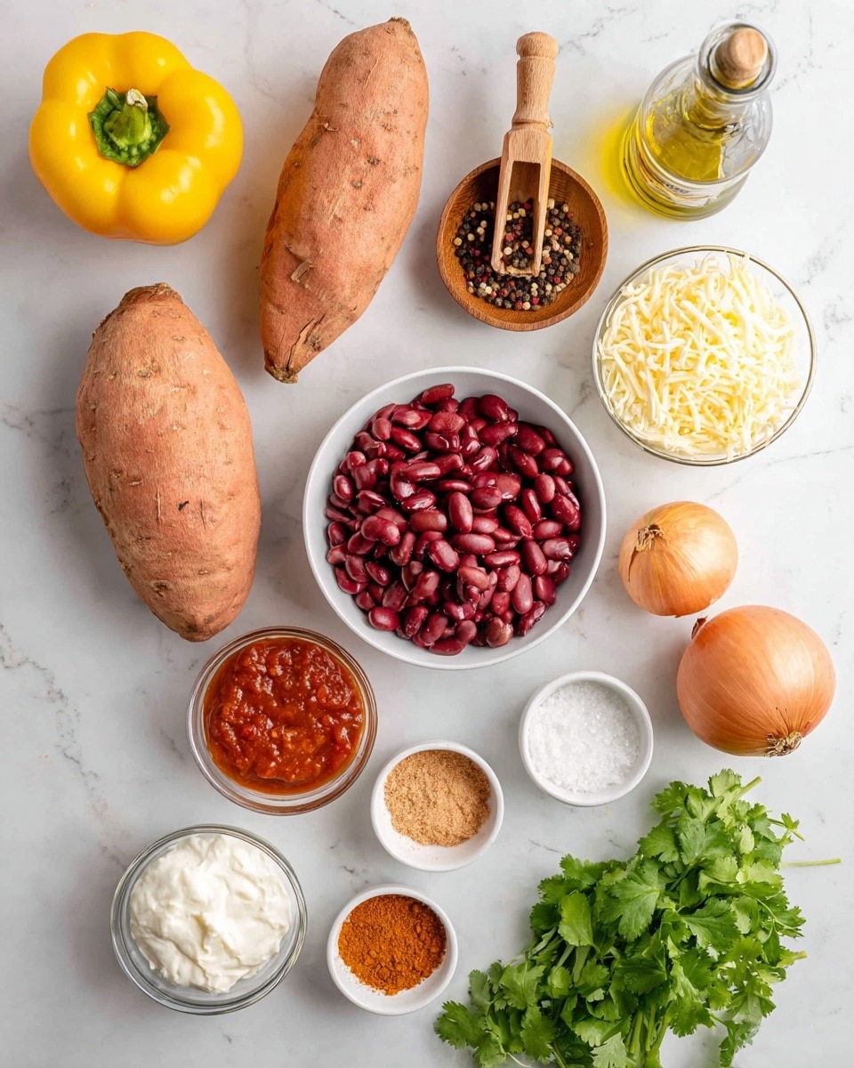 The image shows various ingredients neatly arranged on a white marbled surface. There are two whole sweet potatoes and one whole yellow bell pepper at the top left. Next to these, there is a small wooden bowl filled with mixed peppercorns and a wooden scoop inside it, and another wooden bowl filled with coarse salt and a small wooden scoop. A clear glass bottle of olive oil stands near the top right. Below these, there is a white bowl filled with kidney beans in the center. To the left of the beans, there are two small clear bowls, one with chunky red salsa and another with white sour cream. Below the beans, there is a clear bowl filled with shredded cheese. To the right of the beans and cheese, an onion sits whole beside two small white dishes with spices—one with a reddish-brown powder and the other with a finer beige powder. A bunch of fresh green cilantro leaves lies at the bottom right. The arrangement is clean and well-lit. Photo taken with an iphone --ar 4:5 --v 7