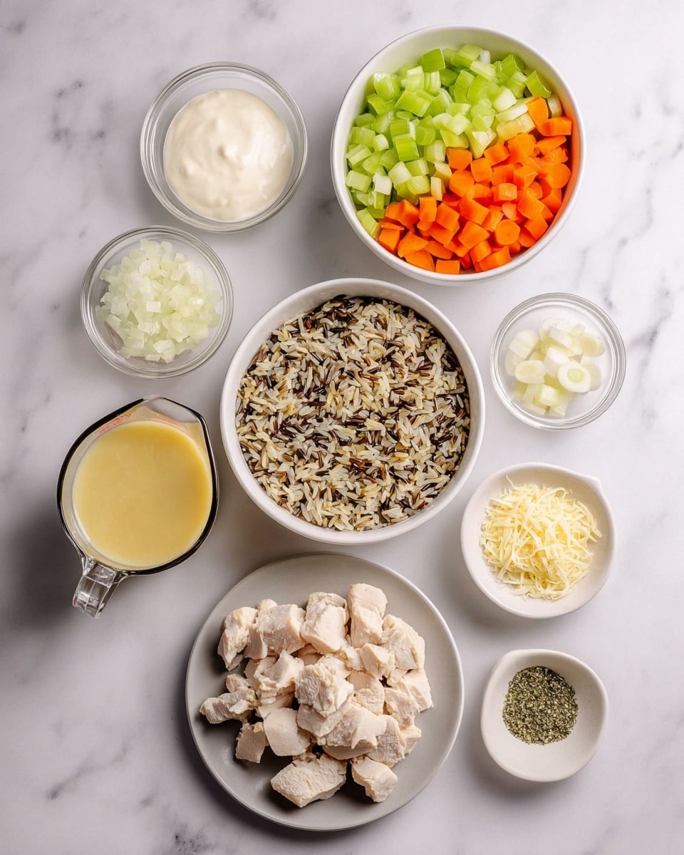 The image shows eight bowls and a small plate with different ingredients arranged neatly on a white marbled surface. Starting from the top right, a white bowl holds three layers of chopped vegetables: light green celery on the top left, bright orange carrots on the top right, and white diced onions at the bottom with a small pile of minced garlic in the middle. To the left, a small glass bowl contains creamy white sour cream. Below that, a large white bowl is filled with mixed wild rice, showing light brown and black grains. Beside the rice is a clear measuring cup filled with a pale yellow sauce that looks smooth and slightly runny. To the lower right, a small light gray plate is piled with chunks of cooked white chicken meat. Below the chicken, a small white bowl holds finely shredded light yellow cheese. Next to it, a small white plate with three sections contains black pepper, dried green herbs, and salt. The scene is clean and bright, with a crisp, neat presentation photo taken with an iphone --ar 4:5 --v 7