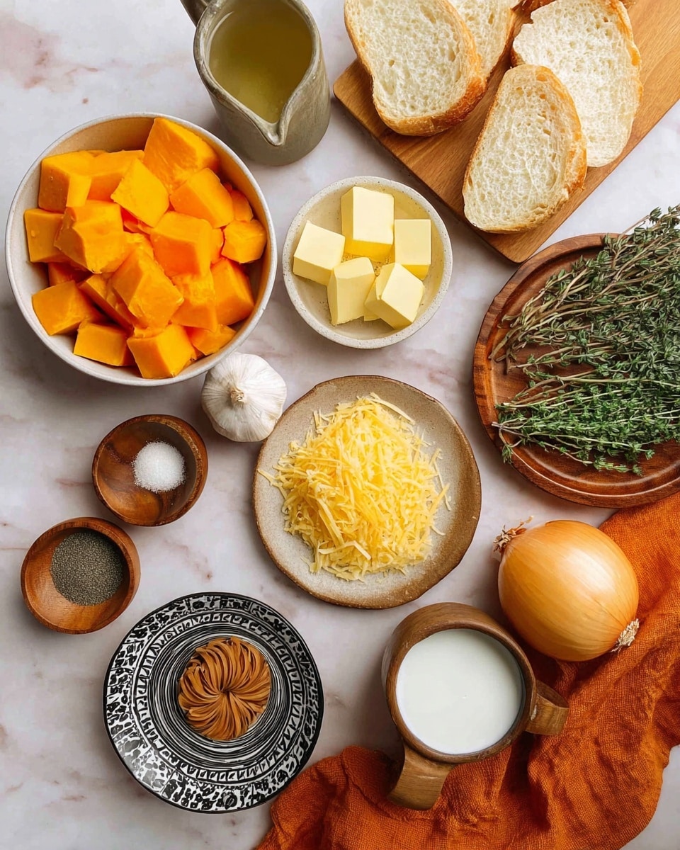 The image shows various cooking ingredients arranged on a white marbled surface. At the center left, there is a white bowl filled with bright orange chunks of squash. Above it, slices of white bread rest on a wooden board next to a small white bowl with yellow butter cubes. Two small round wooden bowls hold salt and ground pepper beans. In the top right corner, fresh green herbs lay on a wooden plate with a burnt orange cloth underneath. Below the herbs, a whole yellow onion sits nearby a wooden plate with grated yellow cheese and a block of cheese. Near the bottom center, a small black and white patterned dish holds brown sugar arranged in a spiral. Next to it, a clear glass pitcher contains a light broth, and a wooden bowl holds thick white cream. A whole garlic bulb sits in the middle of the ingredients. Photo taken with an iphone --ar 4:5 --v 7