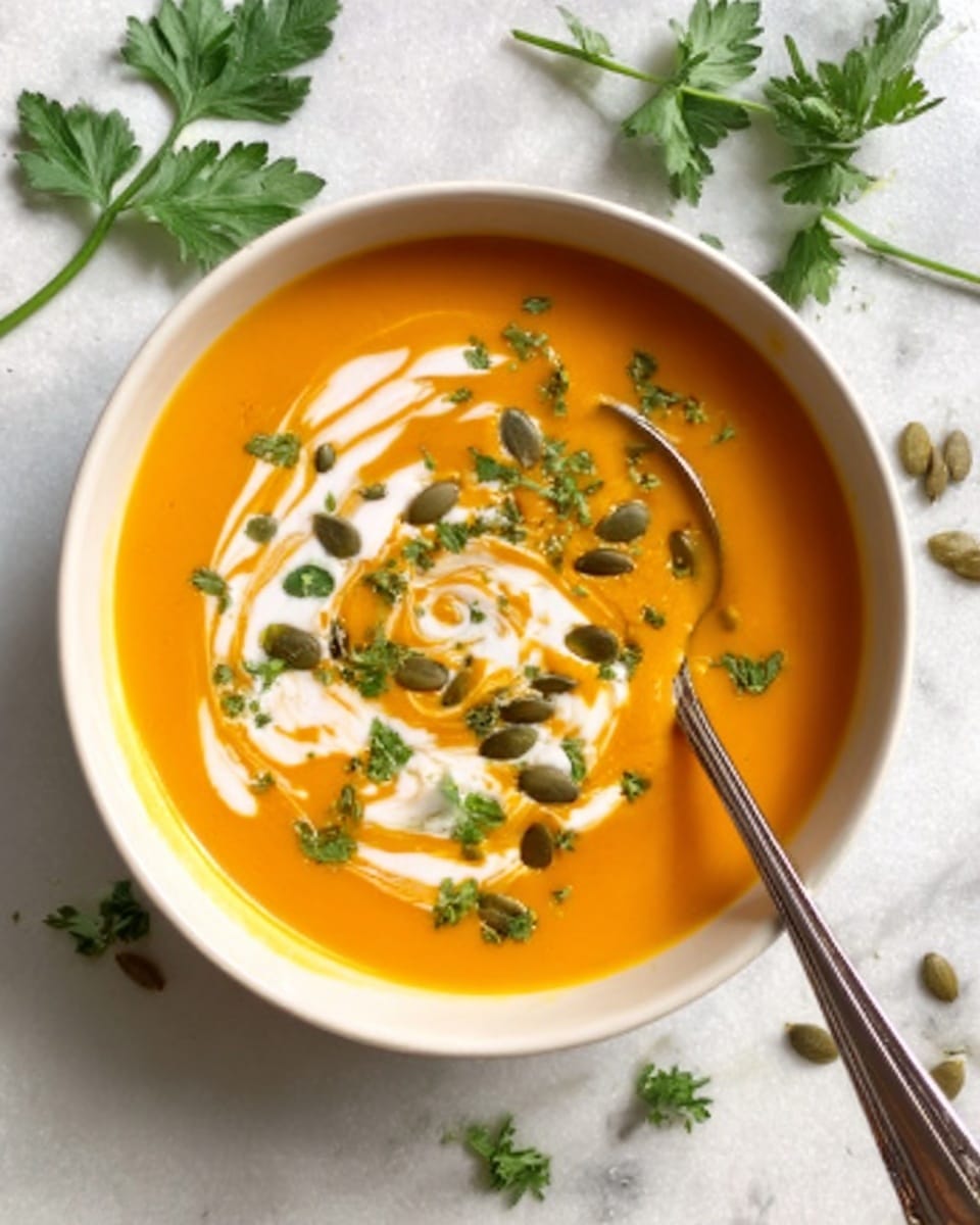 A white bowl filled with smooth orange soup, topped with a swirl of white cream. There are green pumpkin seeds and small green herb leaves sprinkled on top. A silver spoon rests inside the bowl. The bowl sits on a white marbled surface with some green parsley leaves placed nearby. photo taken with an iphone --ar 4:5 --v 7