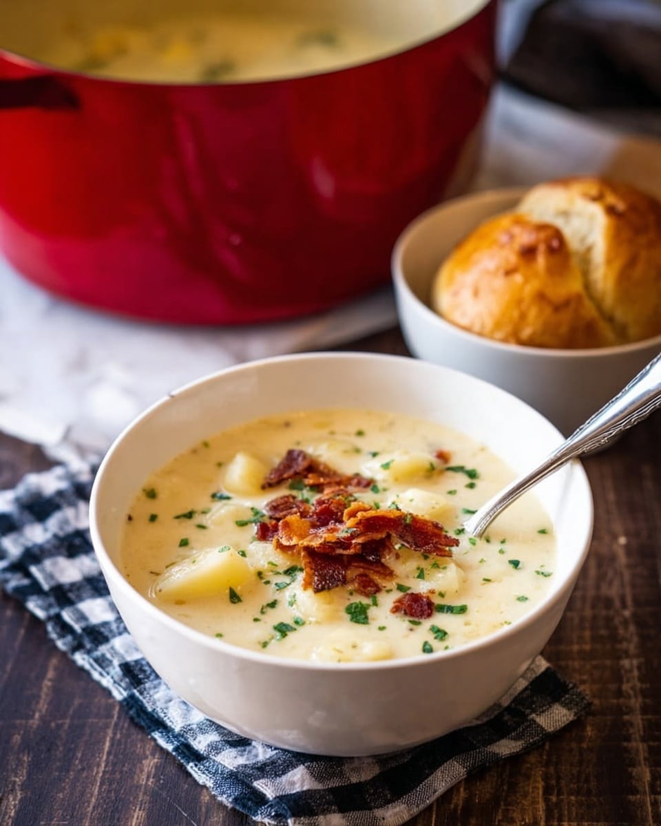 The image shows a white bowl filled with creamy, thick soup that contains small, soft potato pieces. On top of the soup, there are crispy bacon bits and some green herb sprinkles, adding color and texture. A silver spoon stands inside the bowl, leaning slightly. In the background, there is a large red pot with soup and a white bowl beside it holding a golden brown roll. The setting is on a dark wooden surface with a checkered cloth under the pot, but the scene is changed to a white marbled texture surface. The photo taken with an iphone --ar 4:5 --v 7