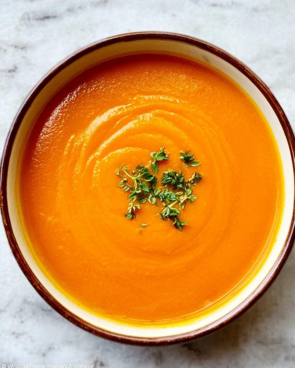 A bowl of bright orange soup with a smooth, creamy texture fills a white bowl placed on a white marbled surface. The soup is thick and even, with a gentle swirl pattern on top showing slight movement. On one side of the soup, there is a small line of fresh green herbs, adding a touch of color contrast. The bowl has a simple round shape and clean edges, and the overall image is sharp and clear. photo taken with an iphone --ar 4:5 --v 7