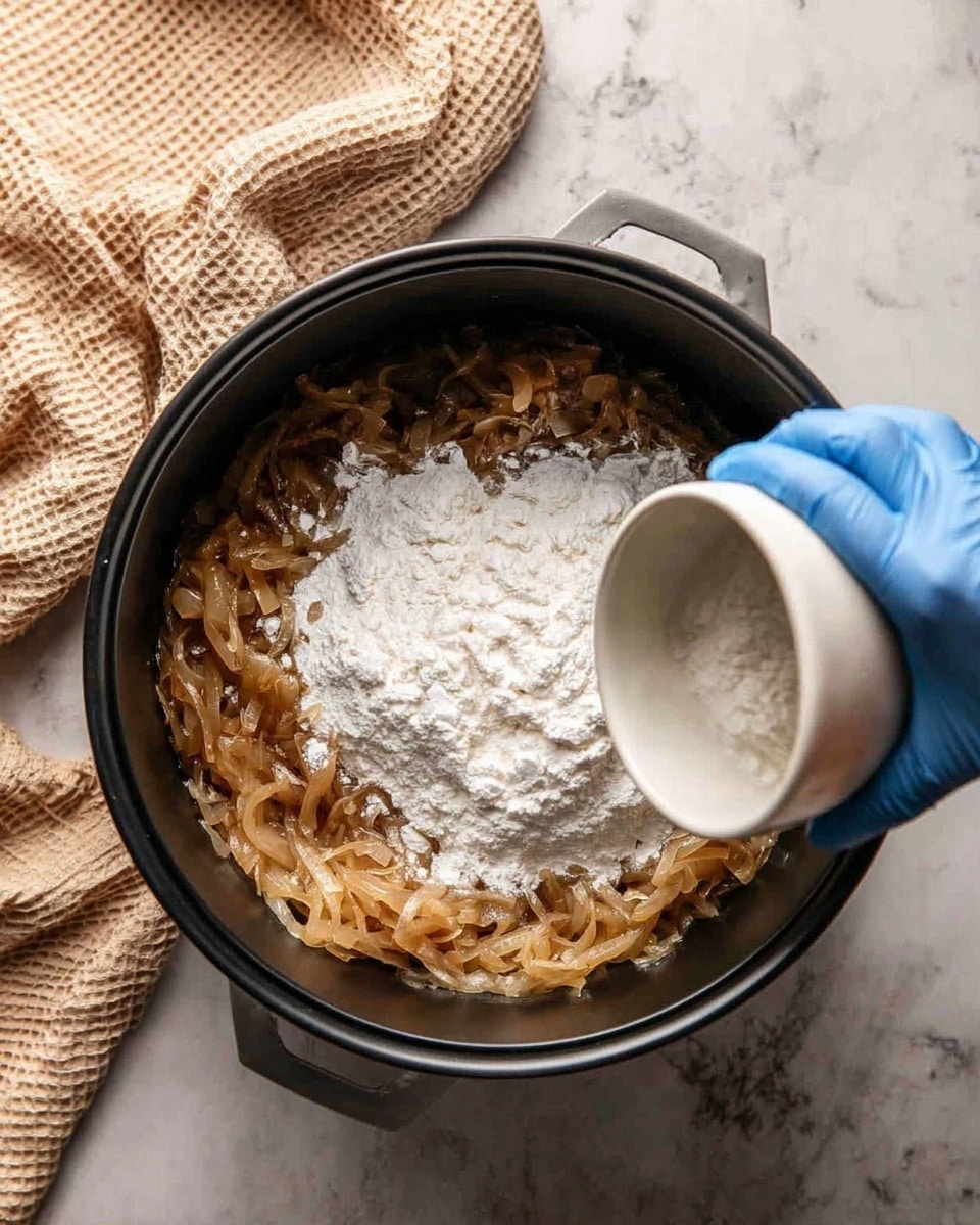 A black pot contains a single layer of cooked, soft, light brown caramelized onions with a matte and slightly wet texture. On top of the onions, there is one layer of white flour spread evenly across the center. A woman's hand wearing a blue glove holds a small white bowl tilted above the pot as if about to pour its contents onto the flour and onions below. The pot is placed on a surface with a white marbled texture, and a beige waffle-textured cloth lies beside it. Photo taken with an iphone --ar 4:5 --v 7