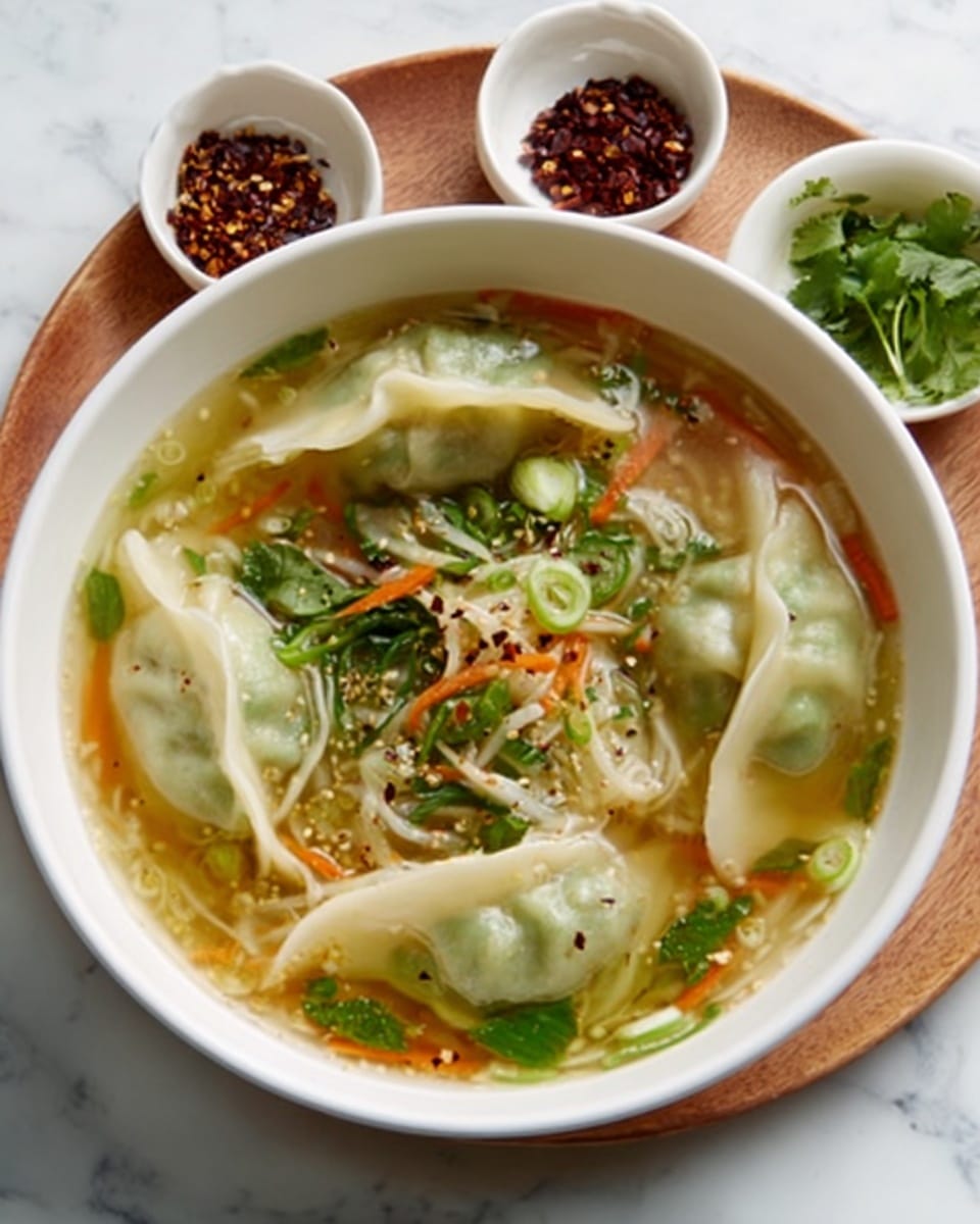 A white bowl filled with three large dumplings floating on top of clear soup with thin noodles beneath. The dumplings are light green with a soft, slightly crinkled texture. Floating in the broth around the dumplings are small green onion pieces, carrot strips, and thin green leafy vegetables. The soup has a light, clear color with some oil sheen. Around the bowl, small white dishes hold dark red chili flakes and fresh green herbs. The background is a white marbled surface. Photo taken with an iphone --ar 4:5 --v 7