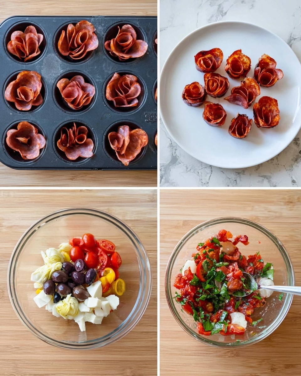 A collage of four images shows a cooking process. The top left image features a black baking tray with 12 muffin cups, each lined with a thin, folded layer of raw pinkish-gray slices shaped like small cups. The top right image displays the same 12 pieces now cooked, crisp, and curled, with a dark reddish-brown color, arranged on a clean white plate on a light wood surface. The bottom left image shows a clear glass bowl on a wood surface, filled with bright red cherry tomato halves, dark purple olive slices, light yellow artichoke pieces, white chunks of cheese, and a pile of chopped green basil leaves, all fresh and vibrant. The bottom right image is the same bowl after stirring, with the ingredients mixed well, showing a colorful blend of red, green, black, white, and yellow bits with a metal spoon inside. The background is a white marbled texture. Photo taken with an iphone --ar 4:5 --v 7