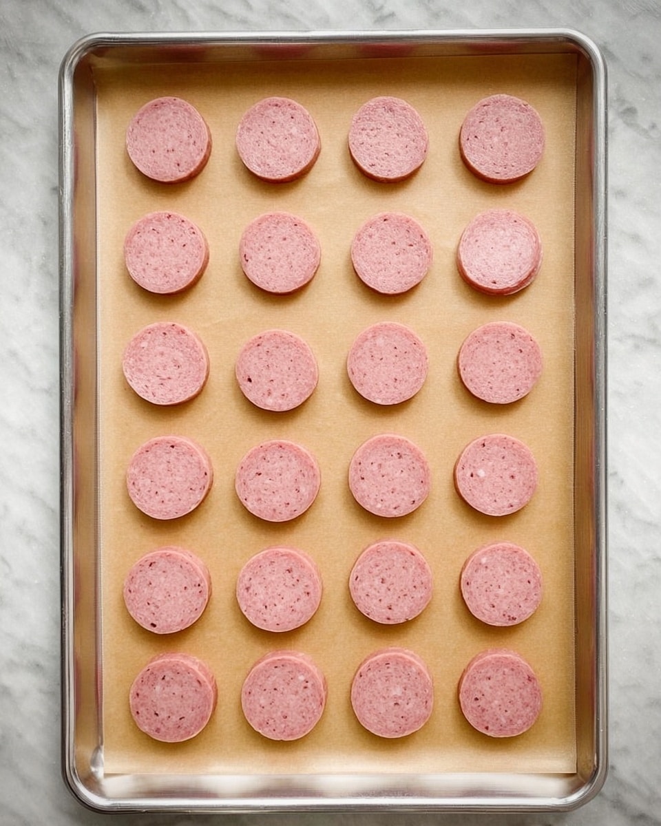 The image shows a metal baking tray lined with light brown parchment paper, placed on a white marbled texture surface. On the parchment paper, there are 34 evenly spaced, round slices of pink sausage arranged in neat rows and columns. Each sausage slice has a smooth surface and light speckles, with uniform thickness and slightly rounded edges. The tray edges are silver and shiny, framing the sausage slices. Photo taken with an iphone --ar 4:5 --v 7
