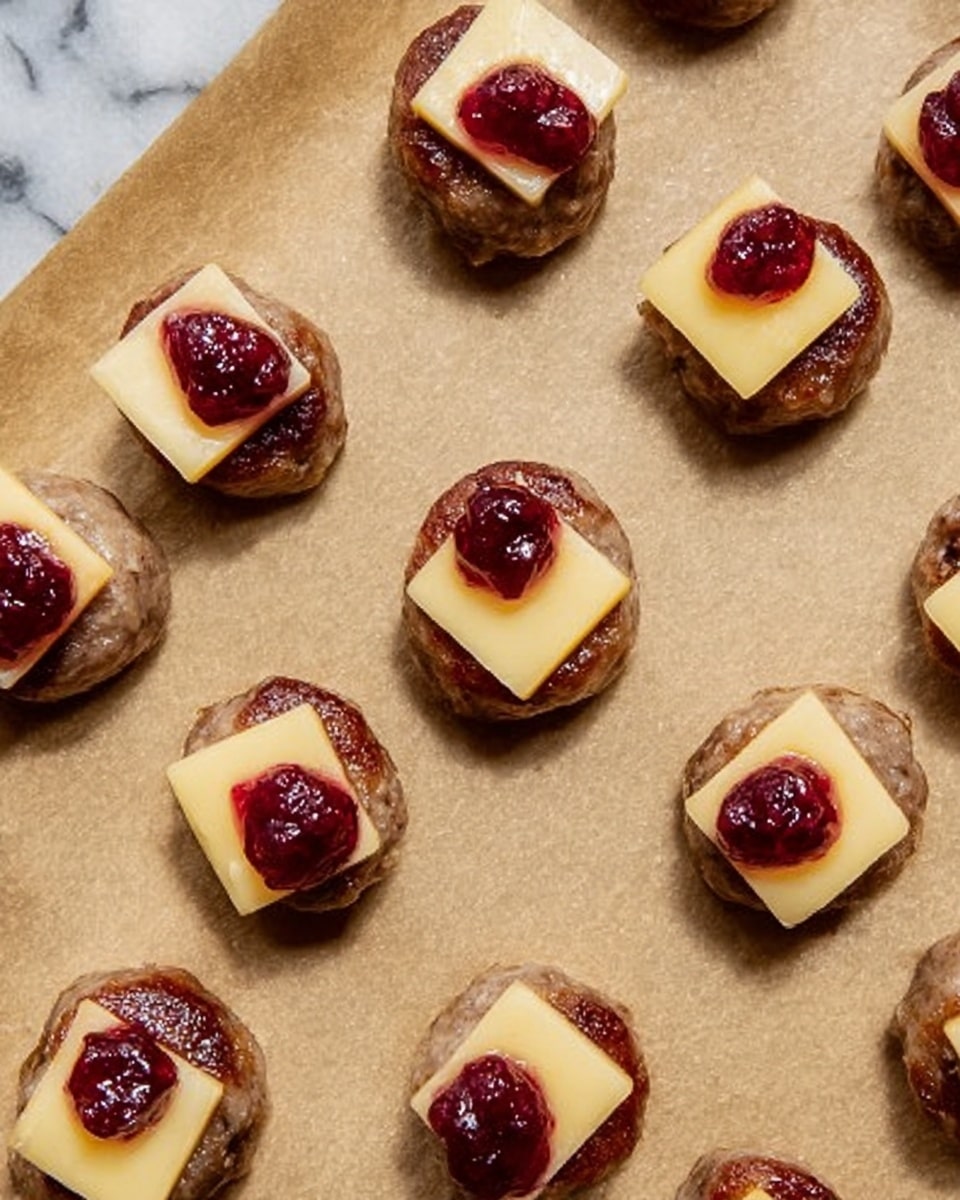 The image shows several small round pieces of sausage arranged in rows on a baking sheet lined with light brown parchment paper. Each sausage piece is topped with a square slice of pale yellow cheese, and on top of the cheese sits a dollop of dark red cranberry sauce. The sausage pieces are evenly spaced, showing the slightly textured and browned edges from baking. The background surface is white marbled texture. photo taken with an iphone --ar 4:5 --v 7