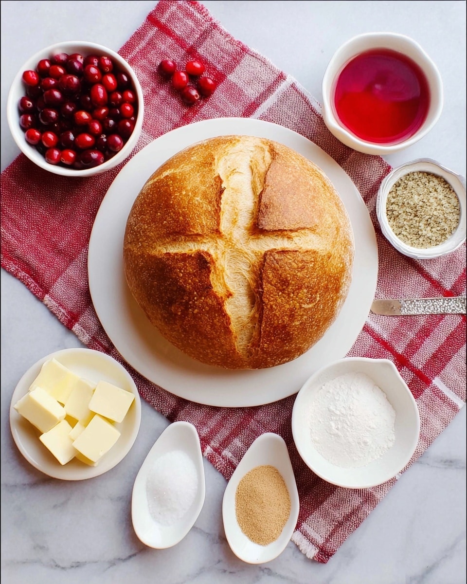 A round, golden-brown loaf of bread sits in the center on a white plate, with a deep cross cut on top showing a lighter, fluffy texture underneath the crust. Surrounding the bread are small white bowls with bright red cranberries, red liquid, beige powder, and white cubes of butter. Nearby are two white spoons holding small amounts of light brown and white powder, all placed on a red and white checkered cloth over a white marbled surface. photo taken with an iphone --ar 4:5 --v 7