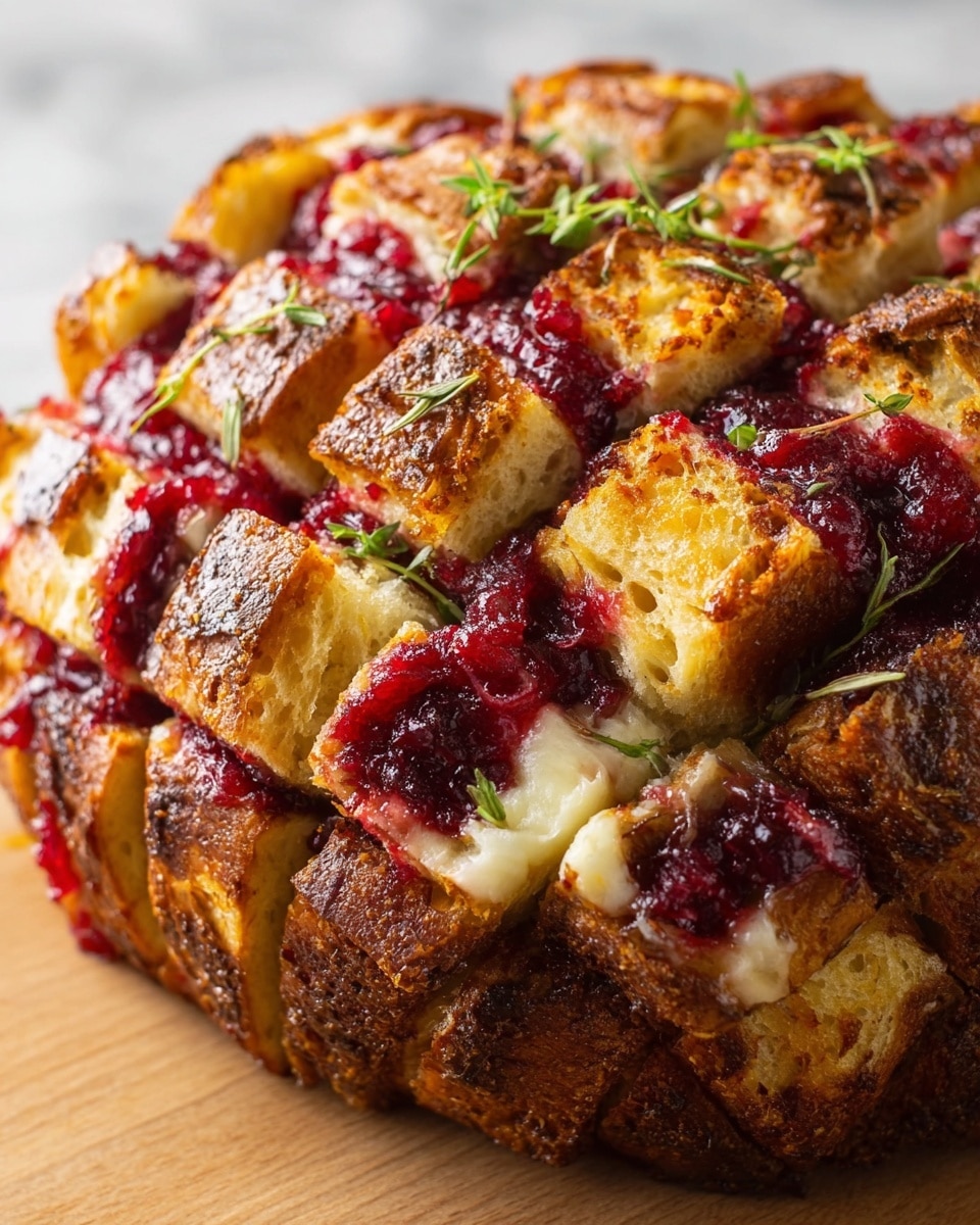 The dish shows a round loaf of bread sliced into a grid pattern of about 5 by 5 squares, with the golden brown crust having a crispy texture. Inside the cuts, there are fillings of bright red cranberry sauce and creamy white melted cheese, creating alternating layers of dark red and off-white colors. Small sprigs of green herbs are sprinkled on top of the bread, adding a touch of color and freshness. The bread sits on a white marbled surface, highlighting its rich colors and textures. photo taken with an iphone --ar 4:5 --v 7