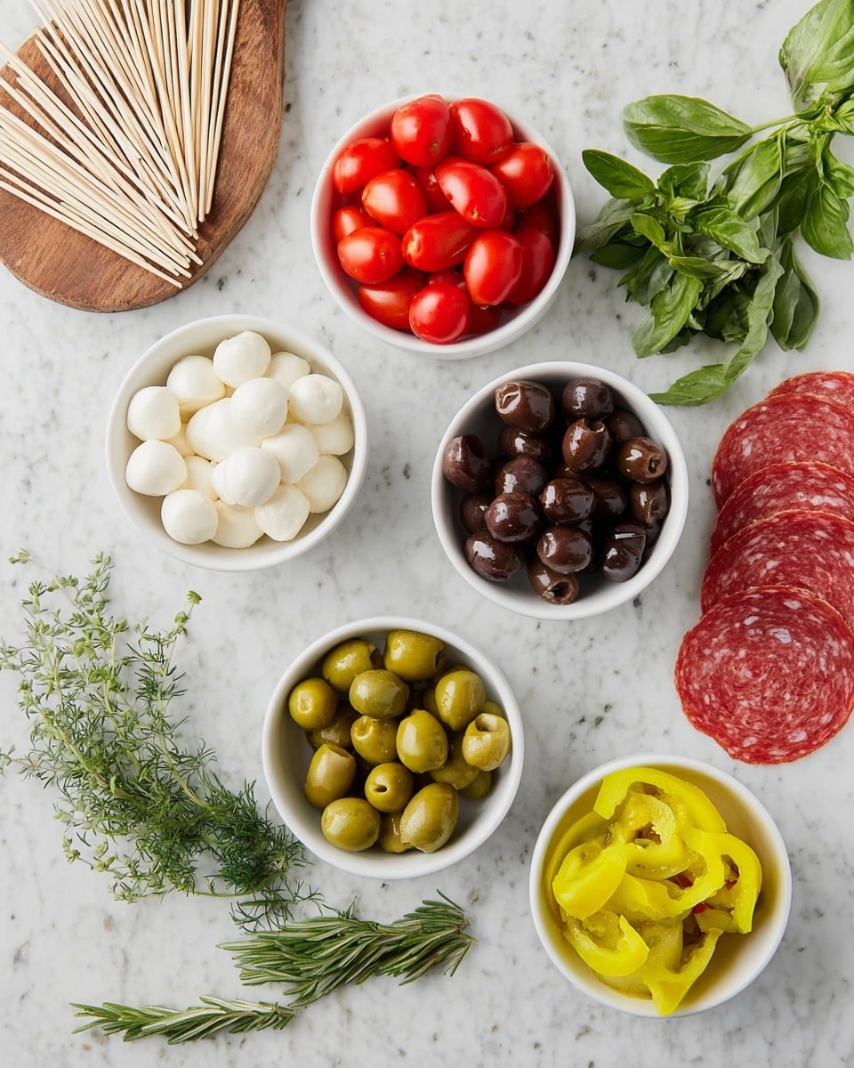 The image shows various small white bowls arranged on a white marbled surface. Each bowl holds a different ingredient: one is filled with bright red grape tomatoes, another with round white mozzarella balls, one has green olives with pimentos, another contains black olives, and one bowl holds yellow pepperoncini peppers. There is a bowl with thin slices of salami placed on the right side. Around the bowls, there are sprigs of fresh green herbs including basil, rosemary, and dill on a wooden board, along with a bunch of wooden skewers in the center. Everything is neatly arranged with clear, bright colors, and the photo taken with an iphone --ar 4:5 --v 7