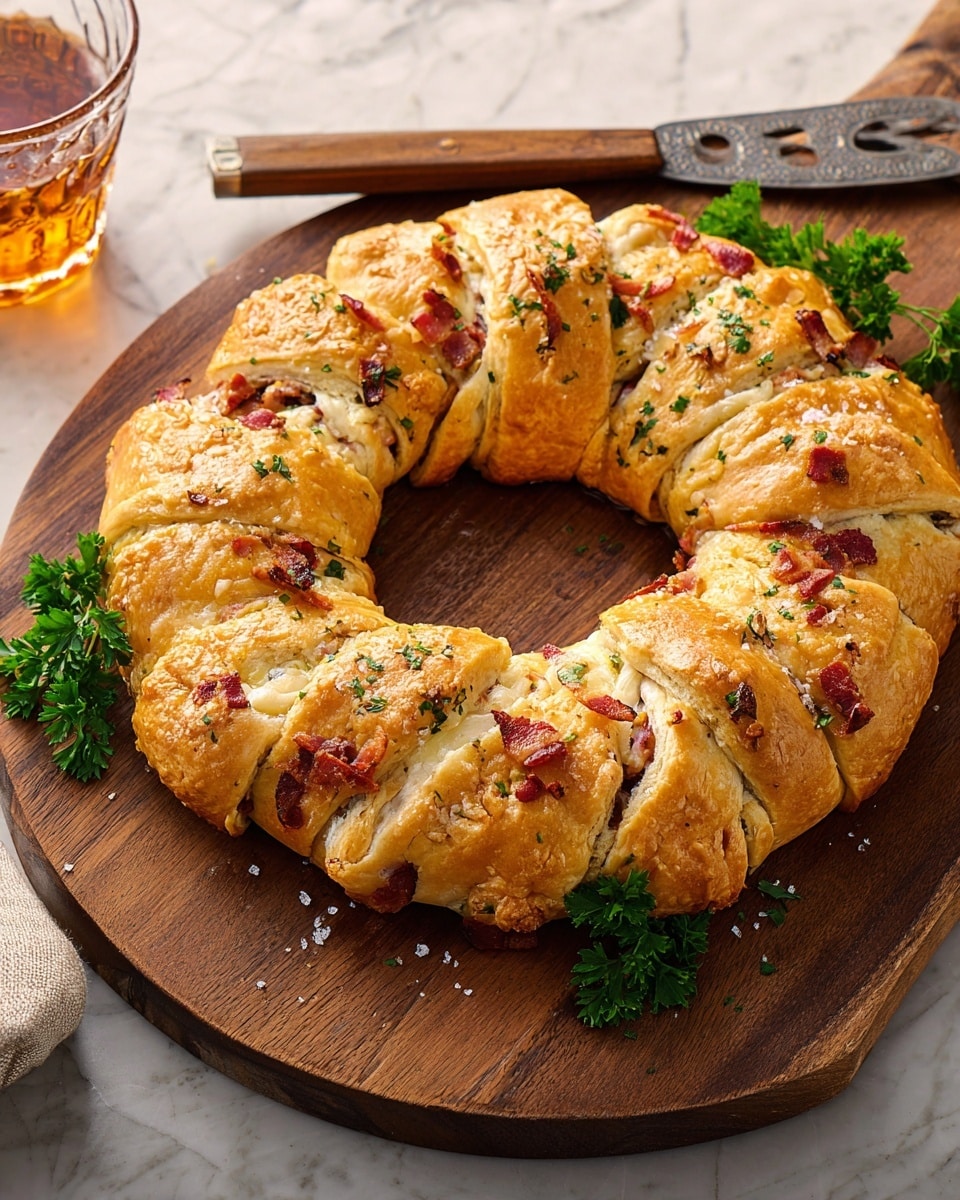 A golden-brown ring-shaped pastry with a braided crust sits on a wooden cutting board. The pastry has about one visible layer of twisted dough strands wrapping around the filling, which includes white cheese pieces and red, crispy bacon bits scattered inside the gaps. The top of the pastry is sprinkled with coarse salt and chopped green parsley. Two sprigs of fresh parsley sit on the side of the pastry as decoration. Next to the board, there is a silver cake server with a brown wooden handle. A glass with amber liquid is partly visible to the left on a white marbled surface. The photo taken with an iphone --ar 4:5 --v 7