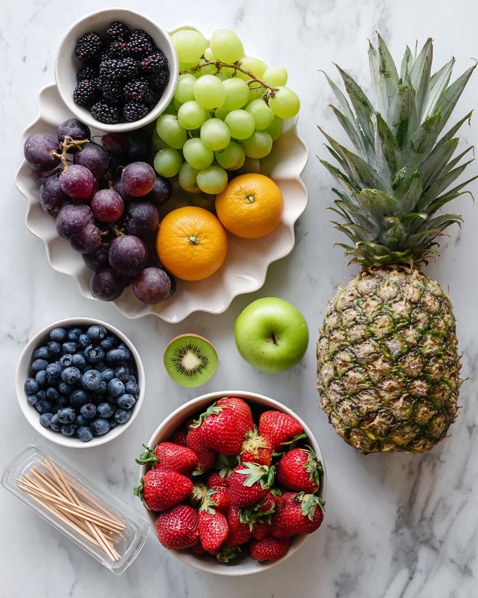 The image shows a collection of fresh fruits arranged on a white marbled surface. On the right is a whole pineapple with green spiky leaves. Below it, there is a large white scalloped dish filled with green grapes, purple grapes, two small orange tangerines, a green pear, and two whole kiwis with one kiwi sliced in half showing its bright green interior with black seeds. Above this dish, there are two small bowls; one filled with dark blackberries and the other filled with plump blueberries. To the right of these bowls, there is a larger white bowl full of red strawberries with green leafy tops. A small clear container of wooden toothpicks and one wooden skewer stick are positioned near the bottom left. The overall look is fresh, colorful, and vibrant. photo taken with an iphone --ar 4:5 --v 7
