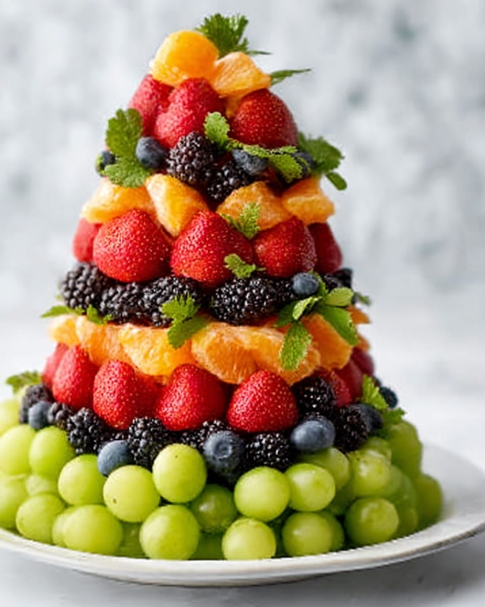 The image shows a tall, cone-shaped arrangement of fresh fruit on a white plate with a white marbled surface background. The bottom layer is green grapes, round and shiny, layered tightly around the base. Above the grapes are bright red strawberries with green leaves attached, followed by dark, plump blackberries scattered throughout. Small, juicy orange segments are interspersed evenly, adding a soft texture between the firmer fruits. Blueberries are sprinkled on the upper layers, adding small round dark blue spots. The fruit layers are packed closely, forming a vibrant and colorful tower that looks fresh and appetizing. Photo taken with an iphone --ar 4:5 --v 7