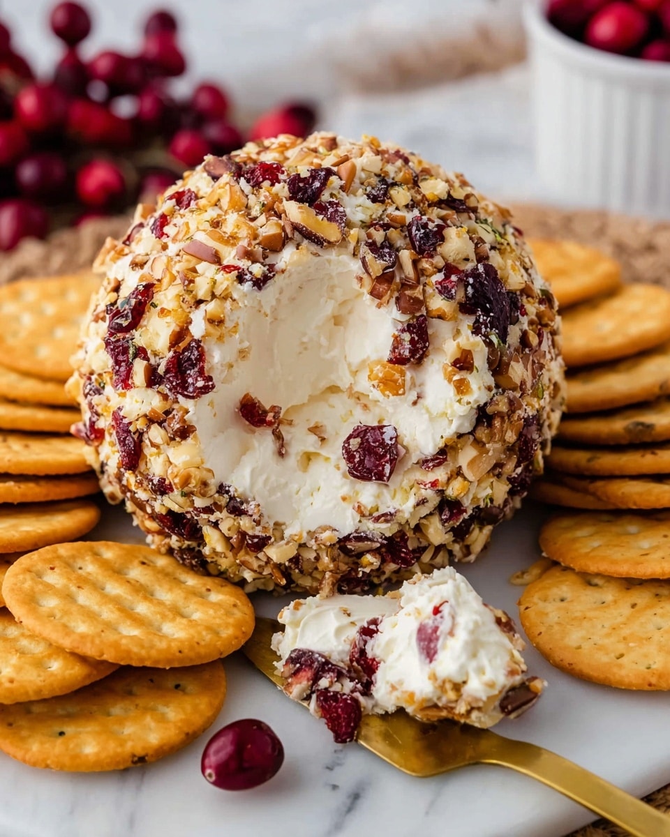 A white round cheese ball is covered with chopped nuts and dried red cranberries, showing a creamy white inside where a scoop has been taken out. The cheese ball sits on a white marbled surface and is surrounded by light golden round crackers, neatly arranged in a circular pattern around it. A gold-colored spreader holds a small amount of cheese ball in front of the cheese ball. A blurred bunch of fresh cranberries and a white container appear in the background. photo taken with an iphone --ar 4:5 --v 7