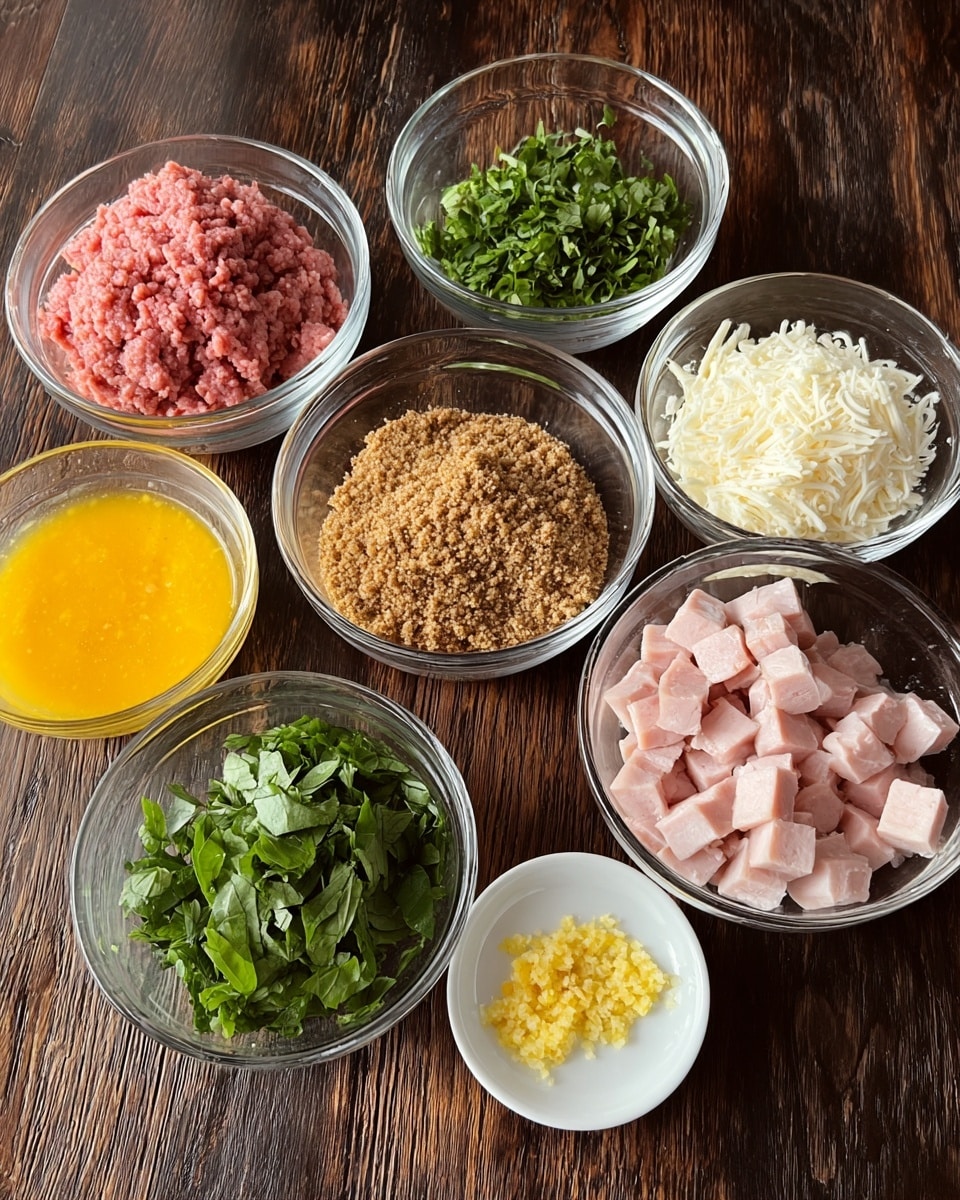 The image shows seven clear glass bowls arranged on a dark wooden surface. Starting from the top middle, there is a bowl with ground meat that is light red and slightly textured. To its left is a bowl with beaten eggs that are bright yellow with small bubbles. Below that is a bowl with fine brown breadcrumbs, and next to it, a bowl filled with chopped fresh green herbs with broad leaves. At the center right is a bowl with small cubes of pale pink ham mixed with some yellow bits. In the top right is a bowl of shredded white cheese with a fluffy texture. Finally, at the bottom right is a small white bowl filled with a small pile of finely minced yellow garlic. The bowls are positioned on a dark wooden table, but the background should be a white marbled texture. Photo taken with an iphone --ar 4:5 --v 7