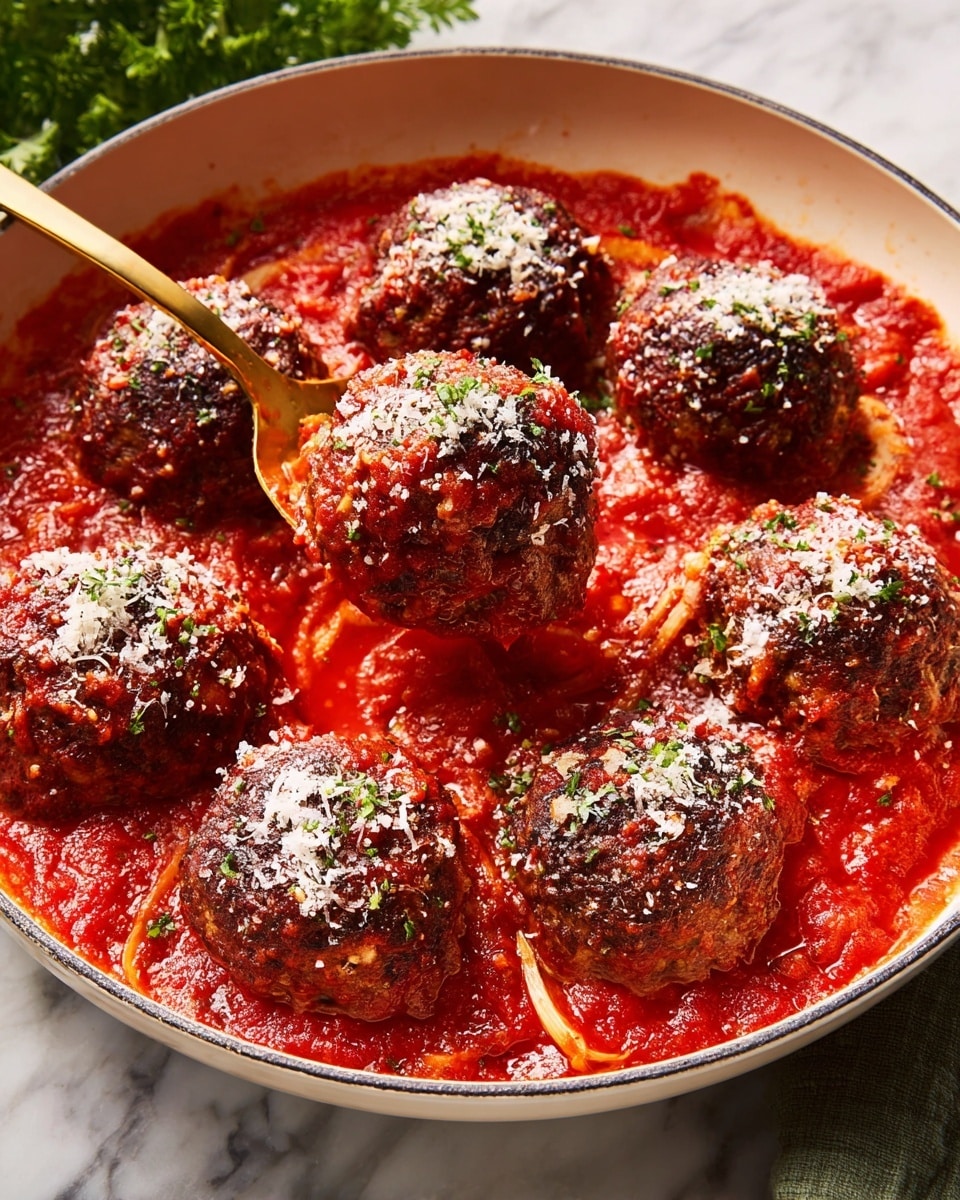 The image shows a white round pan filled with eight large meatballs sitting in bright red tomato sauce mixed with visible slices of garlic. Each meatball is dark brown with a slightly rough texture, topped with small sprinkles of white grated cheese. A gold spoon is lifting one meatball, which reveals the thick sauce coating its base. The pan rests on a white marbled surface with some green blurred background. Photo taken with an iphone --ar 4:5 --v 7