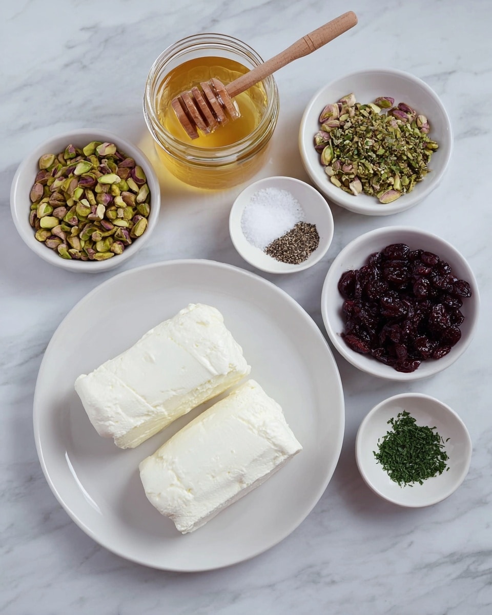 The image shows a white plate in the center with two thick white logs of soft cheese placed side by side. Around the plate, there are five white bowls and a glass jar on a white marbled surface. At the top, a glass jar filled with golden honey has a wooden honey dipper laid across the top. To the left, a bowl holds chopped green pistachios, and below it is a smaller bowl with salt and black pepper. To the right of the cheese plate, at the top, a bowl contains dark red dried cranberries, while below it sits a small bowl with finely chopped green herbs. The whole setup is clean and neatly arranged. photo taken with an iphone --ar 4:5 --v 7