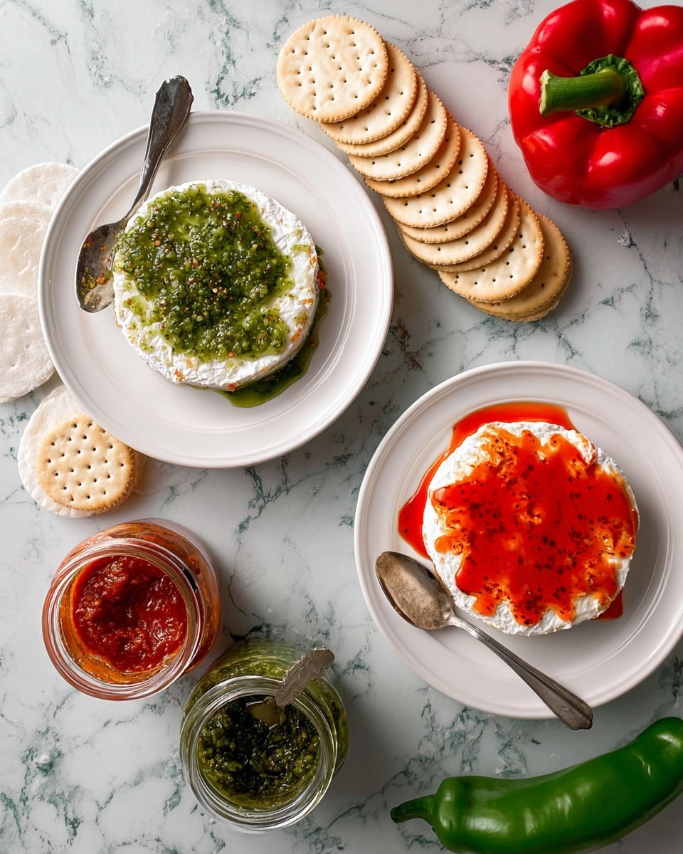 The image shows two white plates, each holding a round base of soft white cheese with different toppings. The left plate has a green sauce with a shiny, slightly textured surface spread evenly over the cheese, making the cheese curl up around the edges. The right plate features a bright red, glossy sauce drizzled on top, with the cheese also curling at the edges and some sauce spilling onto the plate. Both plates have small silver spoons resting on the sides. Surrounding the plates are round white crackers arranged in neat stacks and loose groups, two red bell peppers, a green pepper, and open jars containing the same green and red sauces seen on the cheese. The whole scene is set on a white marbled surface. photo taken with an iphone --ar 4:5 --v 7