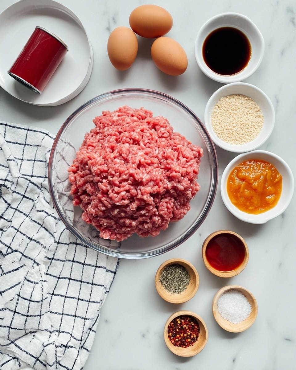 A large clear glass bowl filled with a mound of fresh pink ground meat sits in the center on a white marbled surface. Surrounding it are small white bowls containing different ingredients: one bowl with two brown eggs, one with a red sauce, another with a golden orange chunky sauce, and a smaller bowl with beige breadcrumbs. There is also a small white divided dish holding dark soy sauce and orange liquid, and three small wooden bowls containing red chili flakes, white granulated seasoning, and dried green herbs. On the left, a white plate holds an opened can with a red tomato-like substance inside. A white cloth with a dark blue grid pattern is partially under the glass bowl and spread out on the white marbled surface. photo taken with an iphone --ar 4:5 --v 7