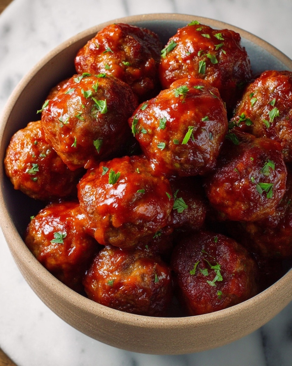 A bowl filled with many round meatballs covered in a shiny red sauce, each meatball showing a slightly rough texture with small bits of green herbs sprinkled on top, placed on a white marbled surface photo taken with an iphone --ar 4:5 --v 7