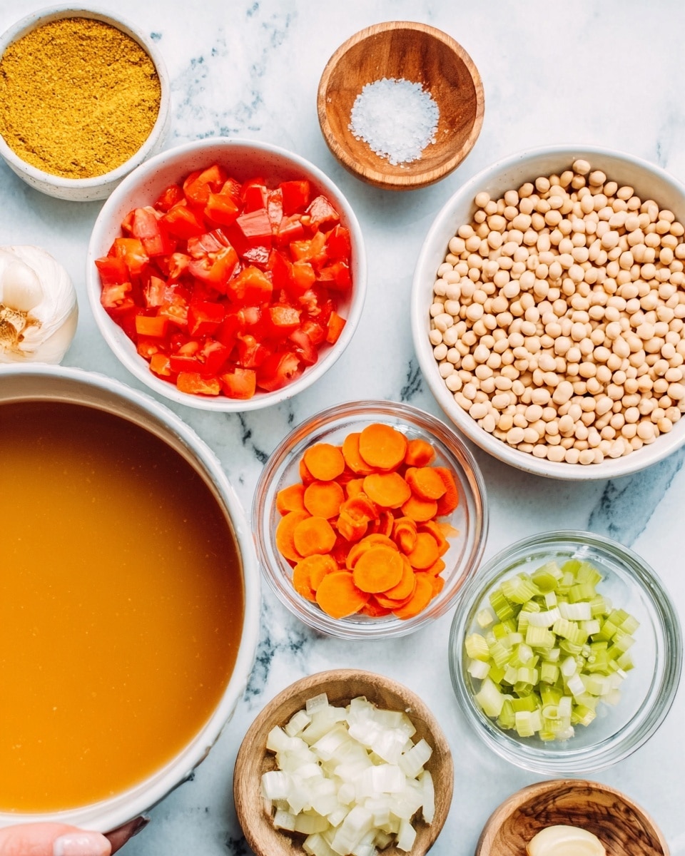 The image shows several small white bowls arranged on a white marbled surface, each containing different cooking ingredients. At the top left is a bowl with yellow spice powder, next to a wooden bowl with what looks like salt. Below these is a white bowl full of light beige beans, and to the left of that a bowl filled with bright red diced tomatoes. Below the tomatoes is a small bowl with minced garlic, and next to it is a bowl with orange carrot slices. On the bottom left corner is a large white bowl filled with a light brown liquid broth. To the right of the broth bowl, there are smaller bowls with green sliced celery and white chopped onions. The colors and textures show a mix of fresh vegetables, spices, and broth ready for cooking, with a woman's hand just touching the side of the broth bowl. photo taken with an iphone --ar 4:5 --v 7