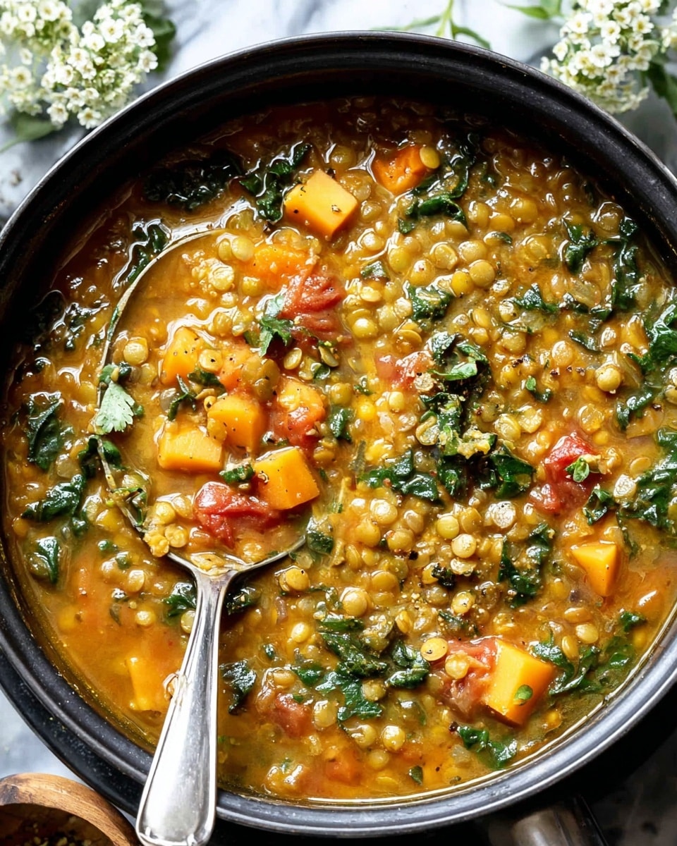 A close-up view of a rich lentil soup in a black pot showing multiple layers: the top layer has cooked lentils in light brown color, soft orange chunks of vegetables, bright green leafy herbs, and small pieces of red tomatoes all mixed in a glossy, thick broth that has a warm orange hue. A silver ladle rests inside, partly submerged, reflecting the colors of the soup, with some lentils and vegetables visible on it. The pot sits on a surface with white marbled texture, surrounded by some green and white flowers slightly out of focus. photo taken with an iphone --ar 4:5 --v 7