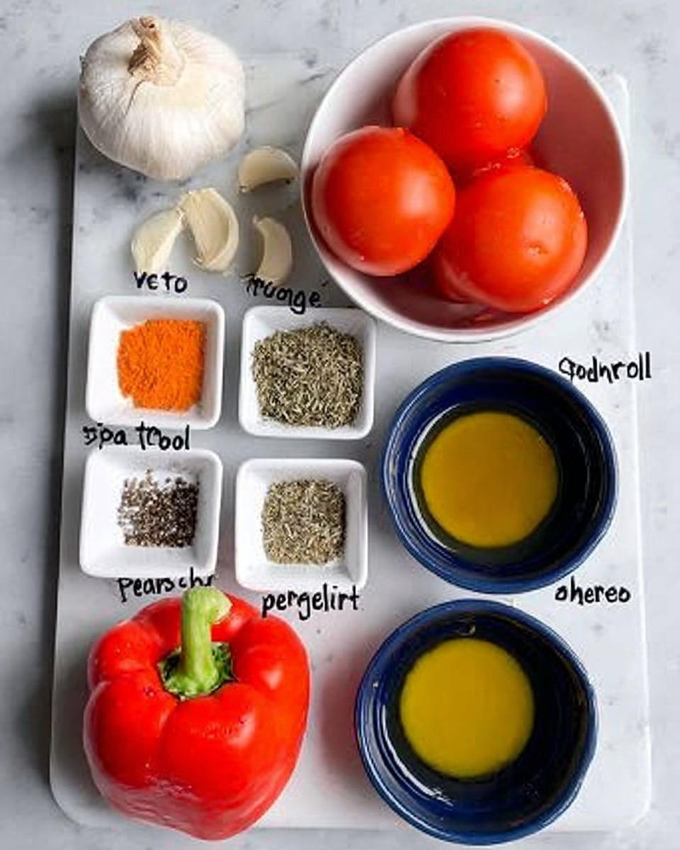 The image shows several ingredients on a white marbled surface. In the top right corner, there is a white bowl with four red tomatoes. Below the tomatoes, on the right side, there are two small dark blue bowls, one with olive oil and the other with vegetable stock, both yellowish liquids. To the left of these bowls, there are three small white dishes with spices: salt in one, ground black pepper in another, and a mix of dried herbs labeled thyme and basil in the remaining two dishes. At the top left, three garlic cloves sit beside a small onion. Next to the onion, there is a bright red bell pepper. The ingredients are all arranged neatly and spaced apart on the white marbled texture. Photo taken with an iphone --ar 4:5 --v 7