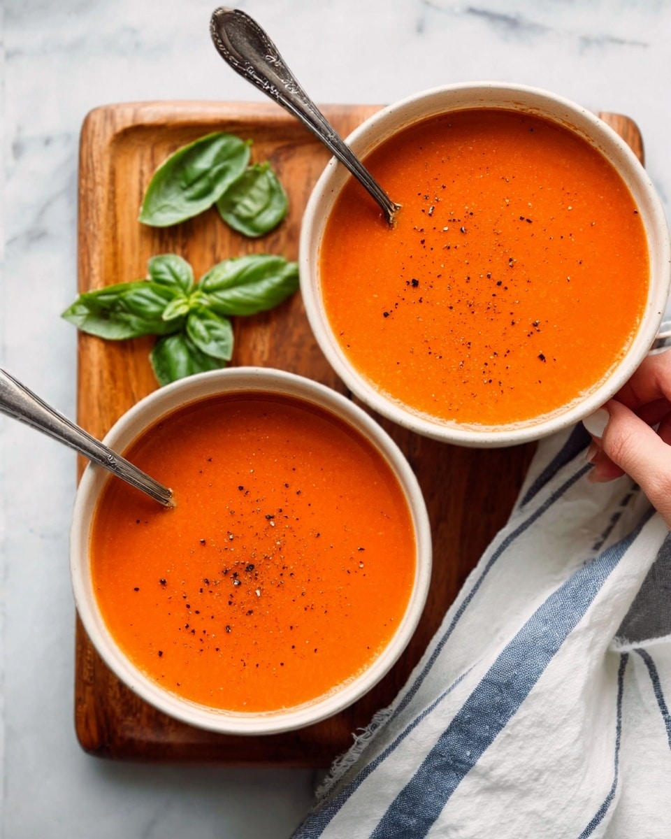 The image shows two white bowls filled with smooth orange tomato soup, placed on a wooden board on a white marbled surface. Each bowl has a silver spoon inside, with one spoon held by a woman's hand dipping into the soup. The soup looks creamy and is sprinkled lightly with black pepper on top. Fresh green basil leaves sit next to the bowls, adding a pop of color. A white cloth with blue stripes lies near the bowls, partially visible in the frame. photo taken with an iphone --ar 4:5 --v 7