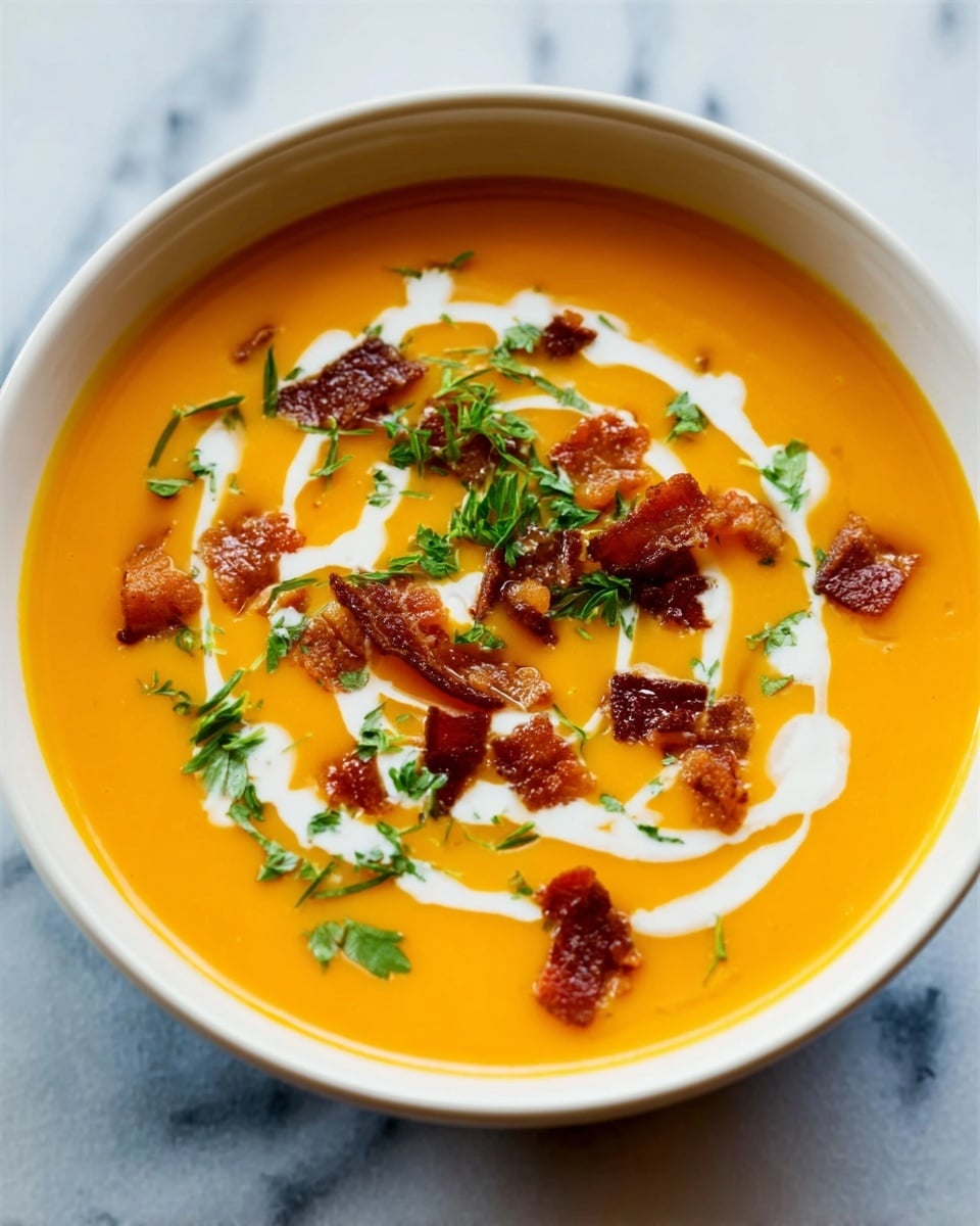 A white bowl filled with smooth, bright orange soup, topped with a drizzle of white cream forming curves, small pieces of crispy brown bacon scattered, and sprinkled green herbs for color. The bowl sits on a white marbled surface, giving a clean, fresh look. photo taken with an iphone --ar 4:5 --v 7