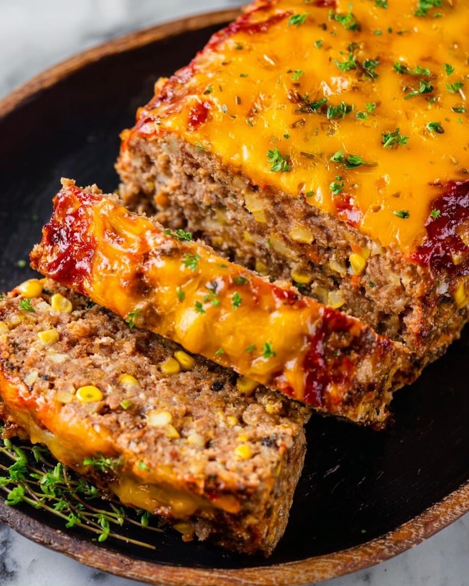 The image shows several thick slices of meatloaf stacked closely together, each slice topped with a glossy layer of melted cheddar cheese that has small pools of tomato sauce mixed with herbs giving a bright red and green contrast. The texture of the meatloaf looks moist and slightly crumbly, rich brown with bits of cooked vegetables visible inside. The melted cheese layer is smooth and shiny with a vibrant yellow color, dripping slightly over the edges of the slices. The background features a white marbled surface. Photo taken with an iphone --ar 4:5 --v 7