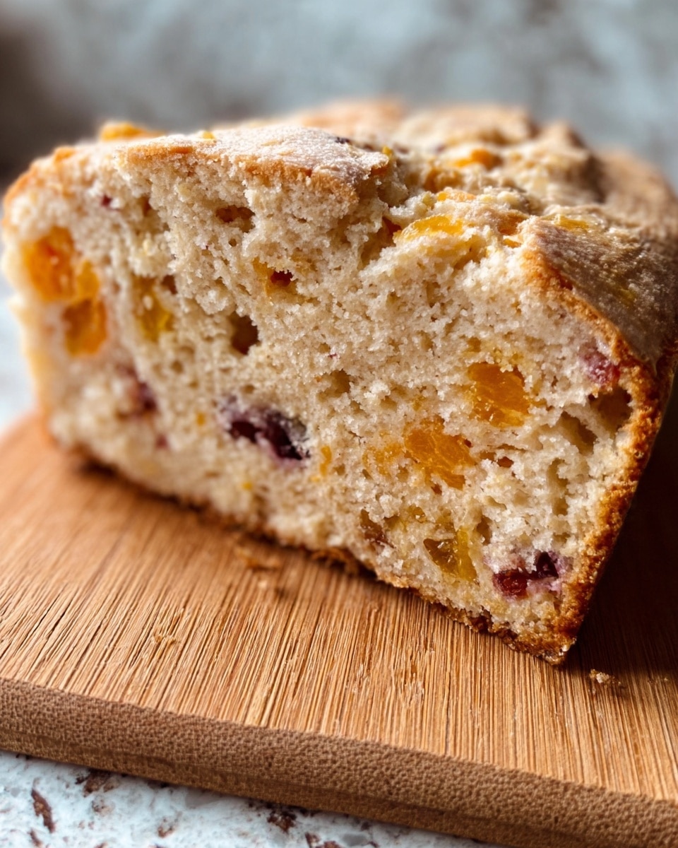 A thick slice of fruit bread is shown close up on a wooden board. The bread has a rough, soft texture with visible air pockets inside, and it is light beige in color. Small pieces of yellow and red fruits are scattered inside the bread, adding spots of color throughout. The top crust is light brown with a few darker spots, and it looks slightly crunchy. The background is a white marbled surface. Photo taken with an iphone --ar 4:5 --v 7