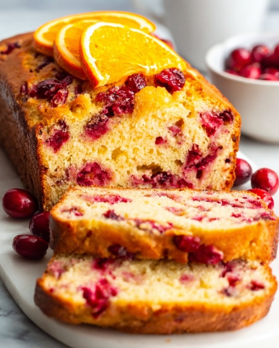 The image shows a loaf of cake with bright red cherries baked inside, arranged on a wooden board on a white marbled surface. The cake has a golden brown crust with a soft, light yellow inside speckled with whole cherries. On top, there is a drizzle of white icing in thin lines running diagonally across the loaf. A slice is cut and placed in front of the loaf, showing the inside clearly with cherries evenly spread. To the left, a white bowl filled with fresh cherries is partly visible, and on the right, there are a few orange slices. Photo taken with an iphone --ar 4:5 --v 7