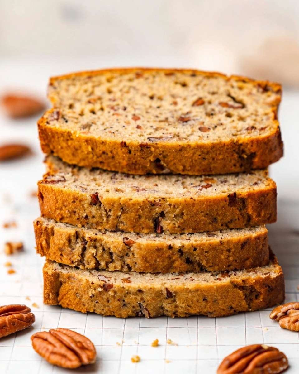 The image shows four slices of nut bread stacked slightly overlapping each other on a white marbled surface. The bread has a light brown color with visible darker brown pieces of nuts spread evenly inside each slice, giving a rough texture. The edges of the bread are a bit darker and smoother, showing they are toasted or baked well. Around the bread slices, whole pecan nuts are scattered casually on the white marbled surface. The background is softly blurred to keep the focus on the bread slices. photo taken with an iphone --ar 4:5 --v 7