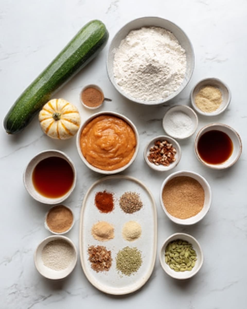 A top-down view of white bowls and a white plate arranged on a white marbled surface, each holding different ingredients for a recipe. There is a large white bowl filled with flour at the top center, next to a smaller white bowl with light brown sauce and another with light orange smooth puree. Below them, a white plate holds several small piles of different spices in brown and beige shades. Surrounding these, smaller white bowls contain nuts, seeds, and light gray powder. A green cucumber lies on the left side with two small white bowls next to it filled with dark amber liquid. The colors are mostly soft browns, whites, and greens. photo taken with an iphone --ar 4:5 --v 7