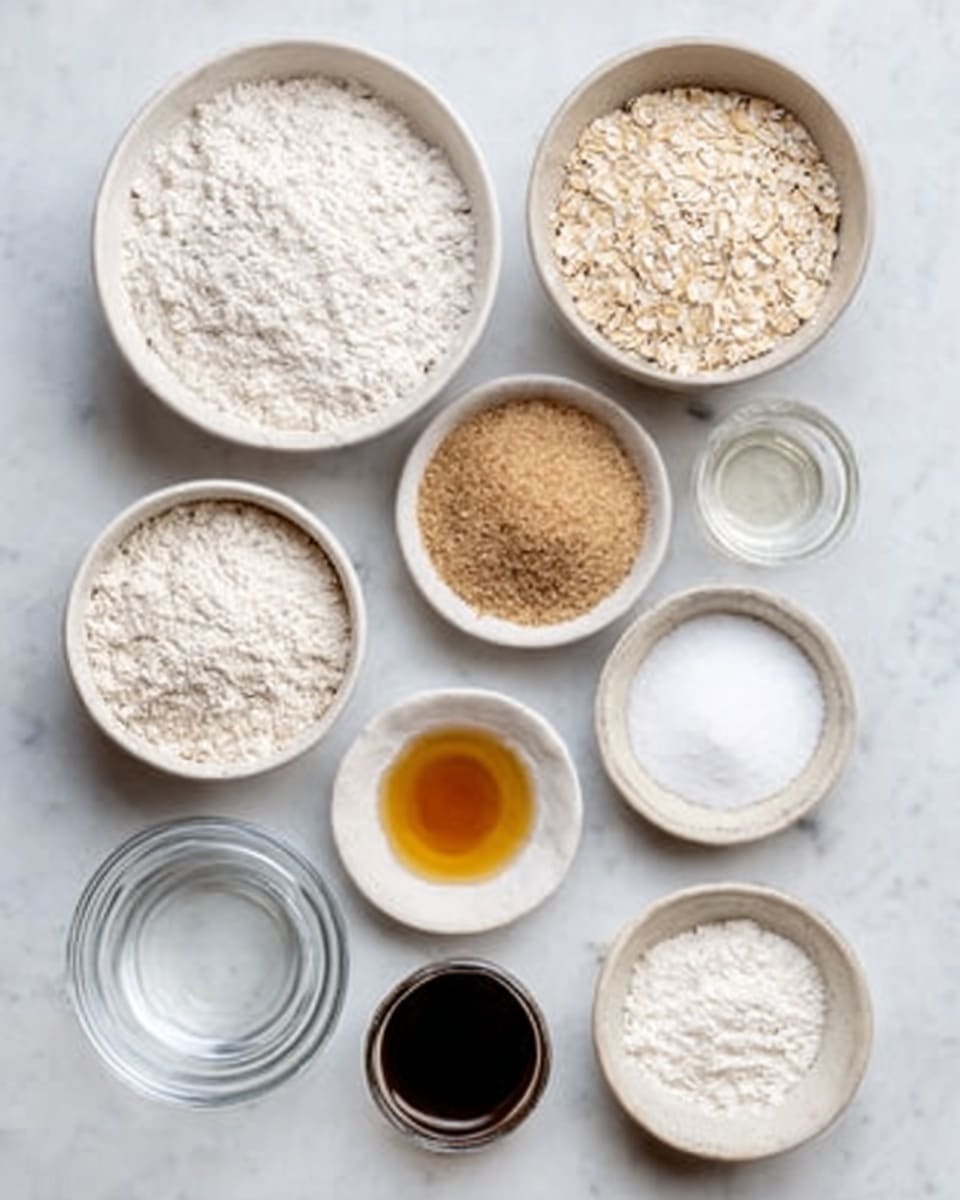 The image shows eleven white bowls arranged on a white marbled surface, each filled with different baking ingredients. There are three larger bowls at the top, filled with white flour, light brown oats, and light beige oat flour. Below them, there is a small bowl of light brown sugar, a small bowl of clear liquid (likely water), a small bowl of white salt, and a small bowl of dark brown liquid (likely vanilla or soy sauce). At the bottom, there is a clear empty bowl on the left, and to its right, a small bowl of golden honey, a small bowl of white sugar, and a small bowl of white powder (likely baking soda or powder). The bowls are simple and round, and the overall setup looks clean and organized. Photo taken with an iphone --ar 4:5 --v 7
