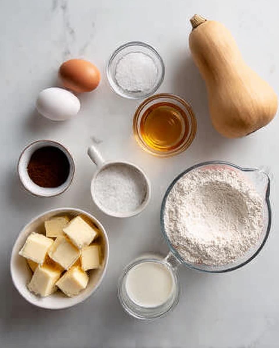 A top view of several baking ingredients placed neatly on a white marbled surface, including two eggs on the left, a small white bowl filled with dark brown powder, a small white bowl filled with white granulated sugar, a clear small glass filled with light brown liquid, a white bowl holding four cubes of butter, a tall glass of white liquid, and a large white bowl with white flour and a measuring cup inside. There is also a whole light brown butternut squash on the top right. Photo taken with an iphone --ar 4:5 --v 7